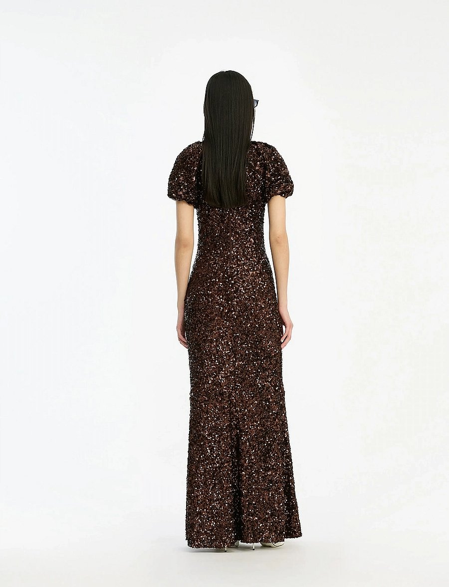 ROTATE - SEQUINS MIDI V-NECK DRESS - síðir kjólar - chicory coffee - 3