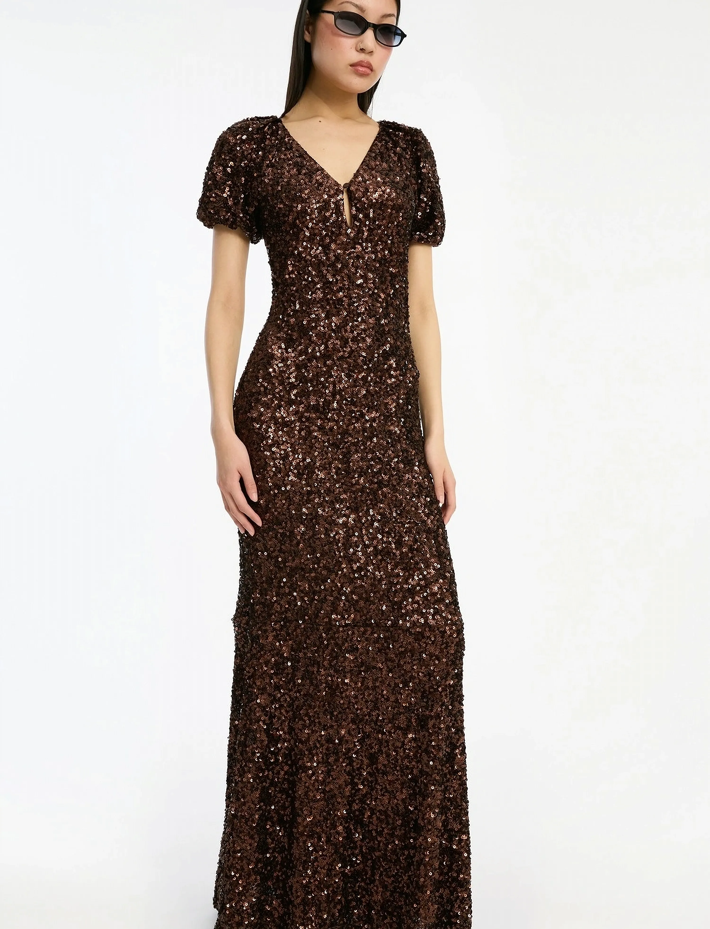 ROTATE - SEQUINS MIDI V-NECK DRESS - síðir kjólar - chicory coffee - 4