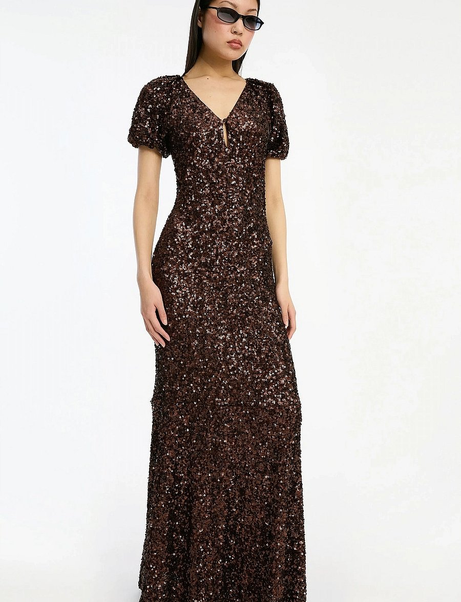 ROTATE - SEQUINS MIDI V-NECK DRESS - síðir kjólar - chicory coffee - 4