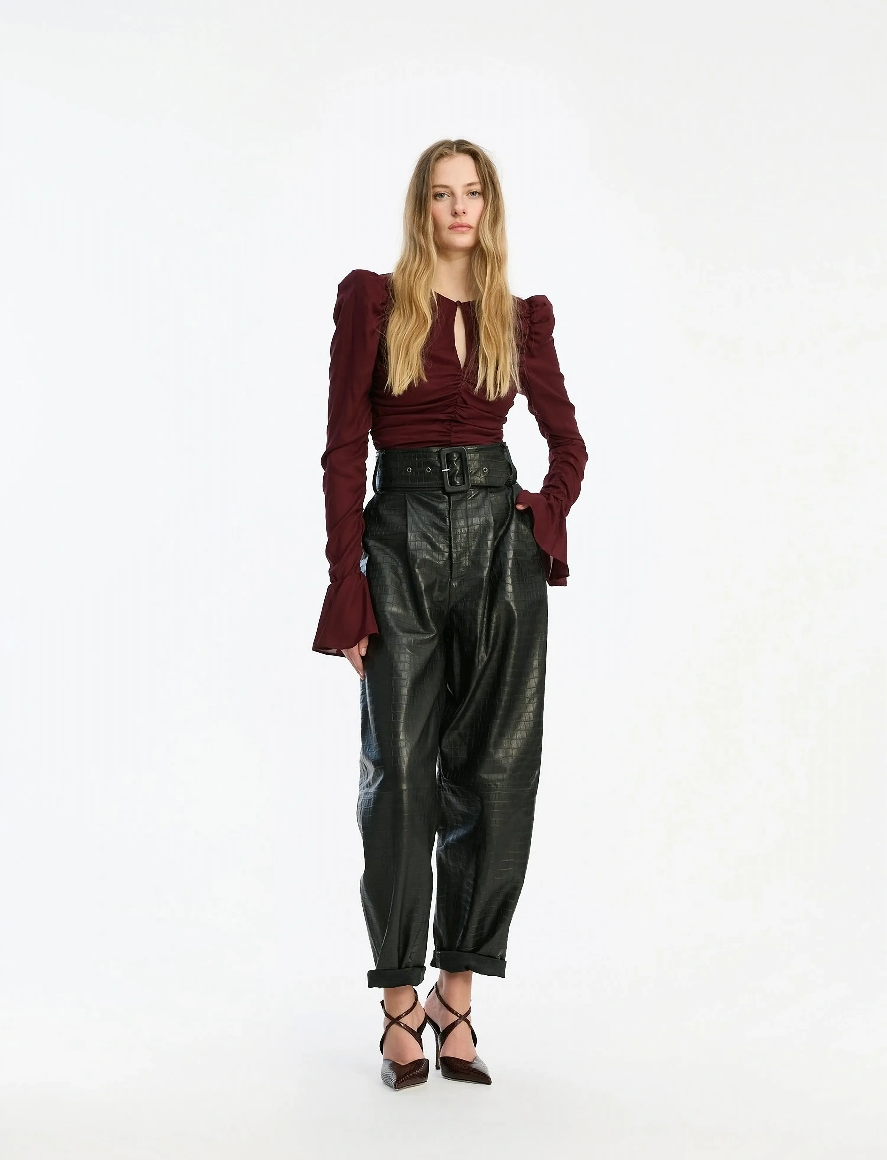 ROTATE Birger Christensen CHIFFON RUCHED LS TOP - ROTATE - ZINFANDEL / burgundy