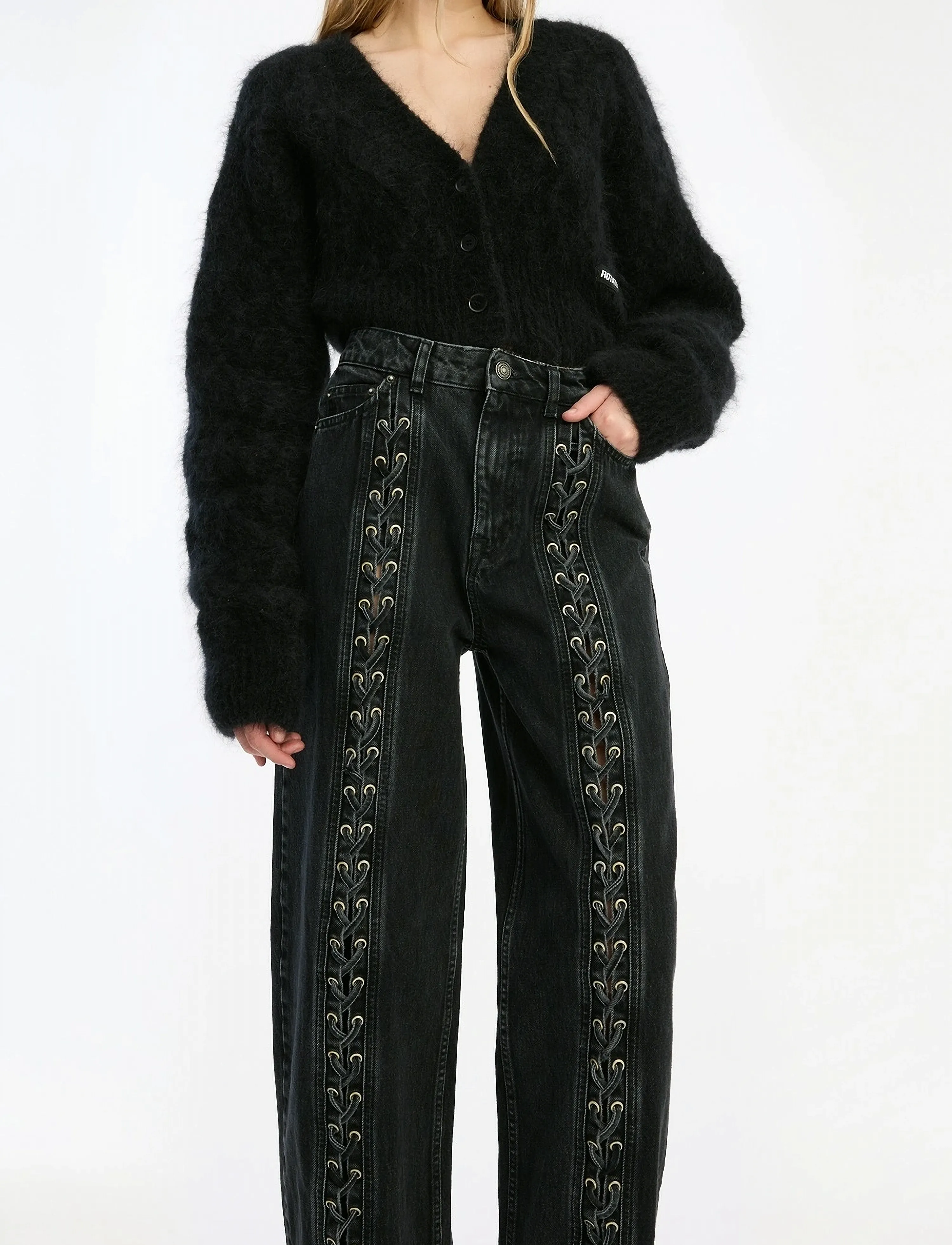 ROTATE - LACED WIDE LEG JEANS - brede jeans - black - washed - 0