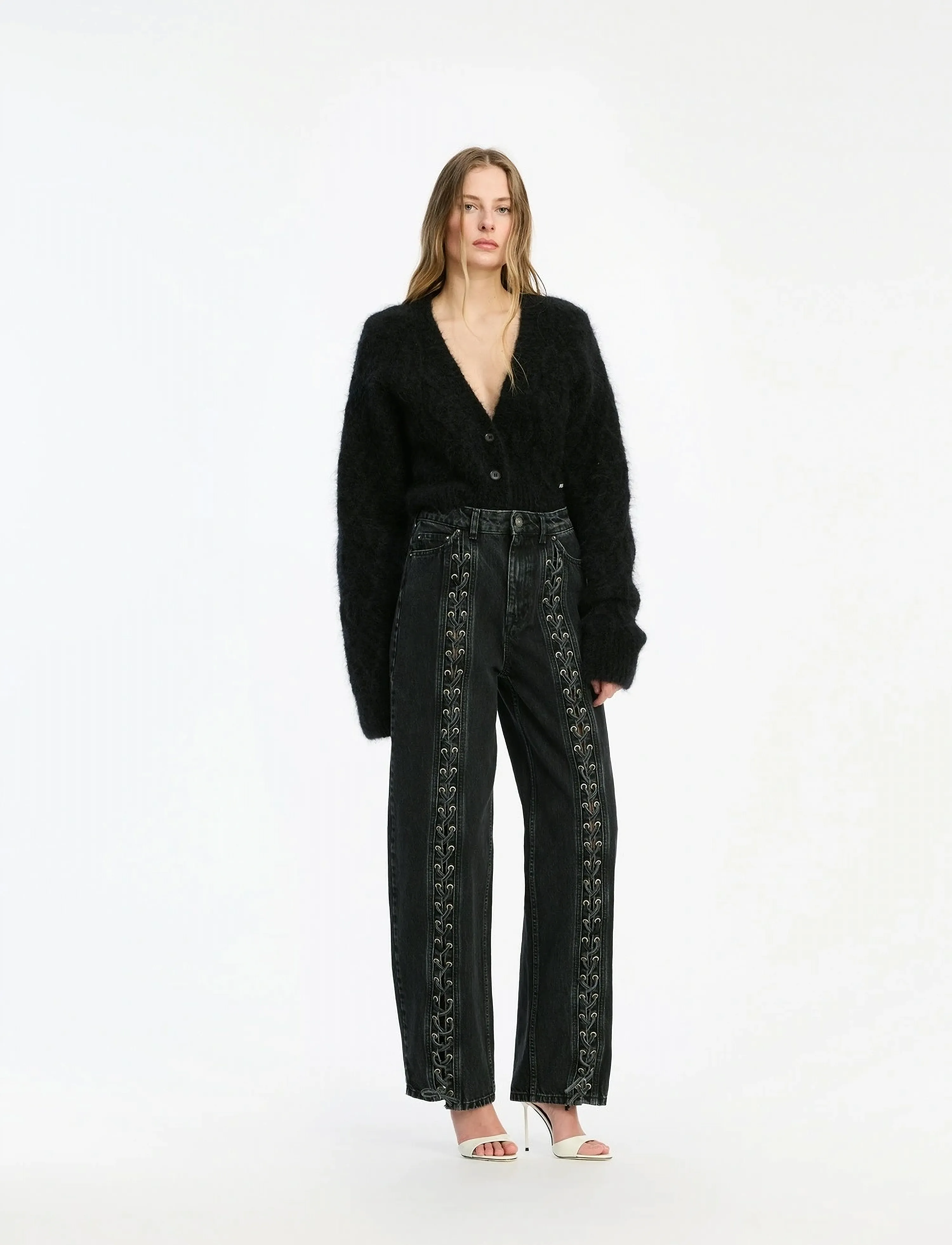 ROTATE - LACED WIDE LEG JEANS - brede jeans - black - washed - 5