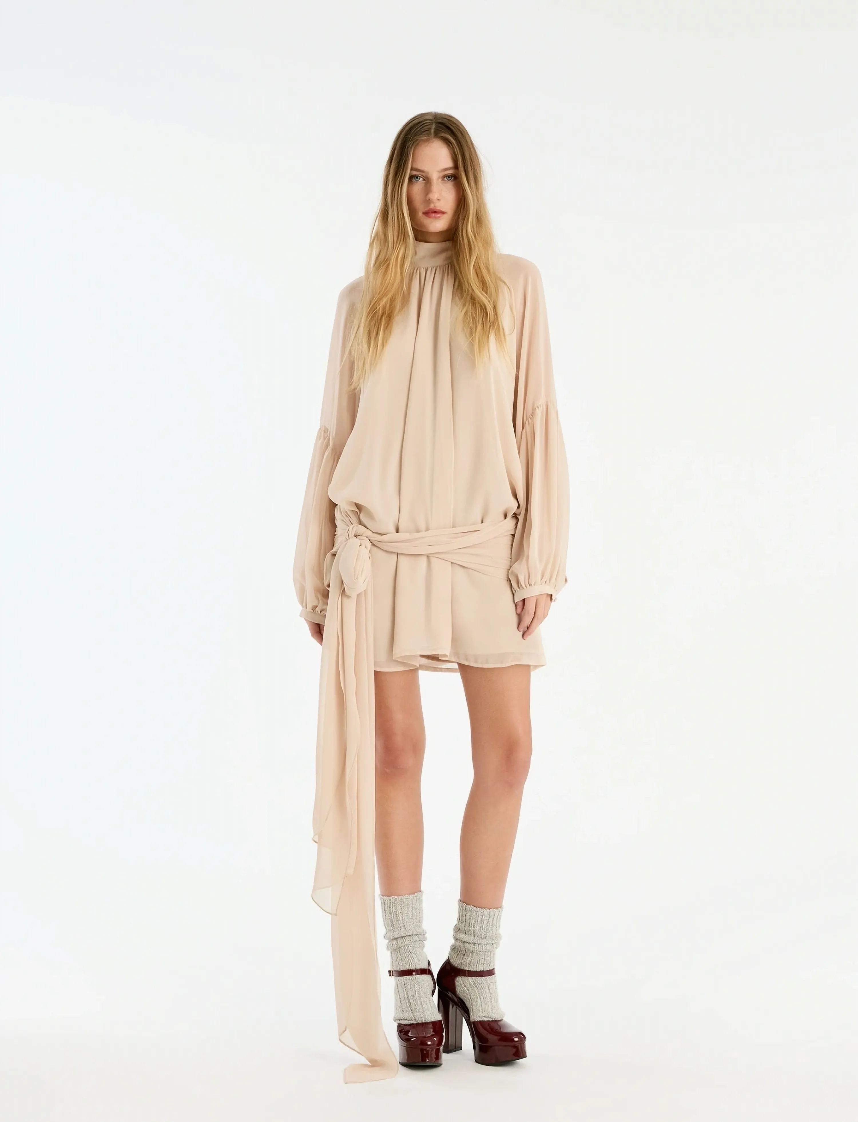 ROTATE Chiffon Strap Tie Dress, 38, Designer, Beige - Short Frauen
