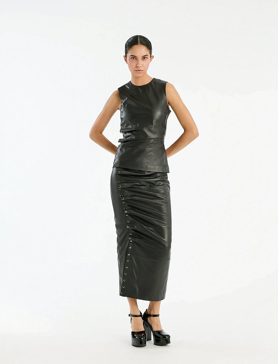 ROTATE - MIDI LEATHER SKIRT - midi garuma svārki - black - 0