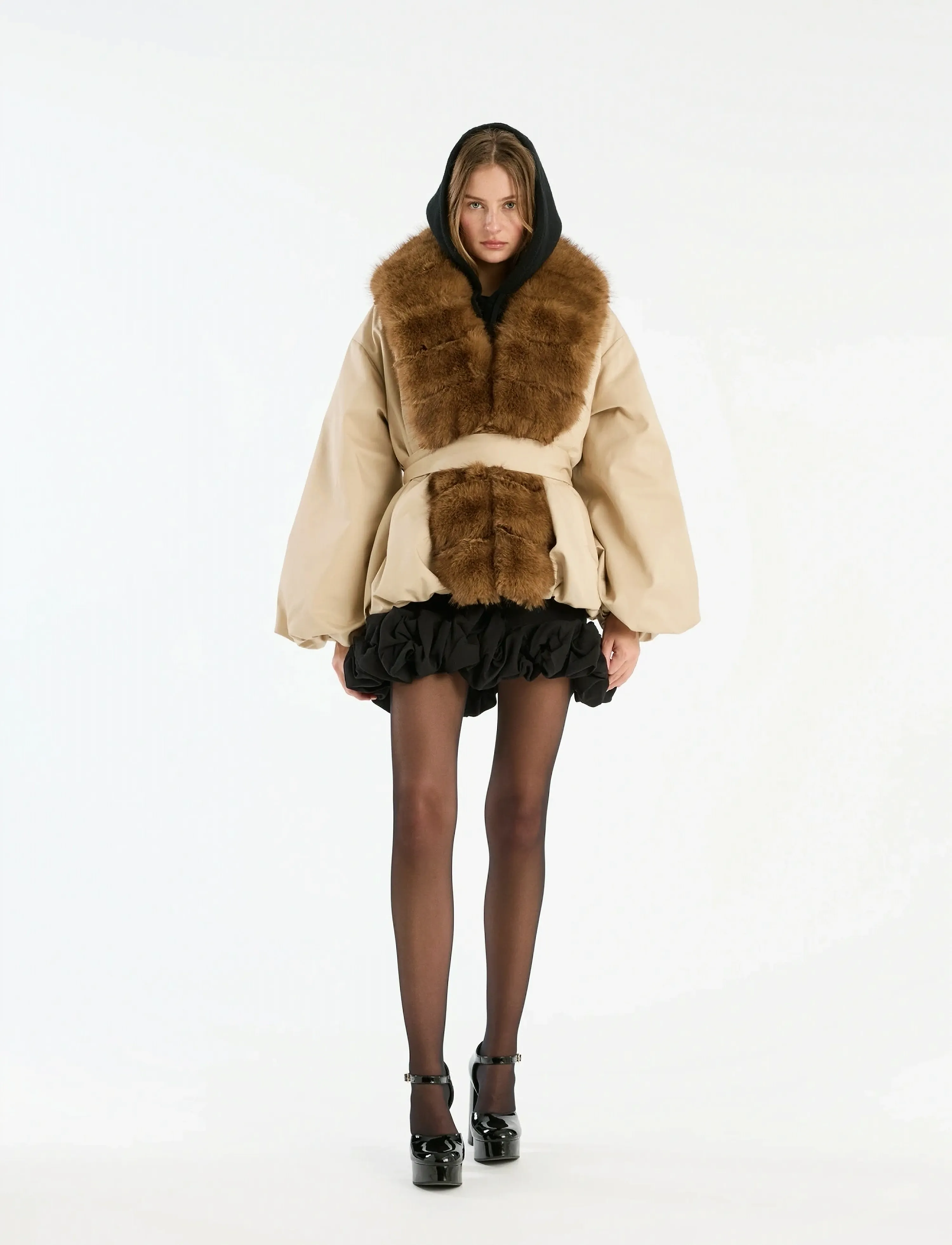 ROTATE Faux Fur Collar Jacket, 40, Designer, Beige - Fur, Frauen
