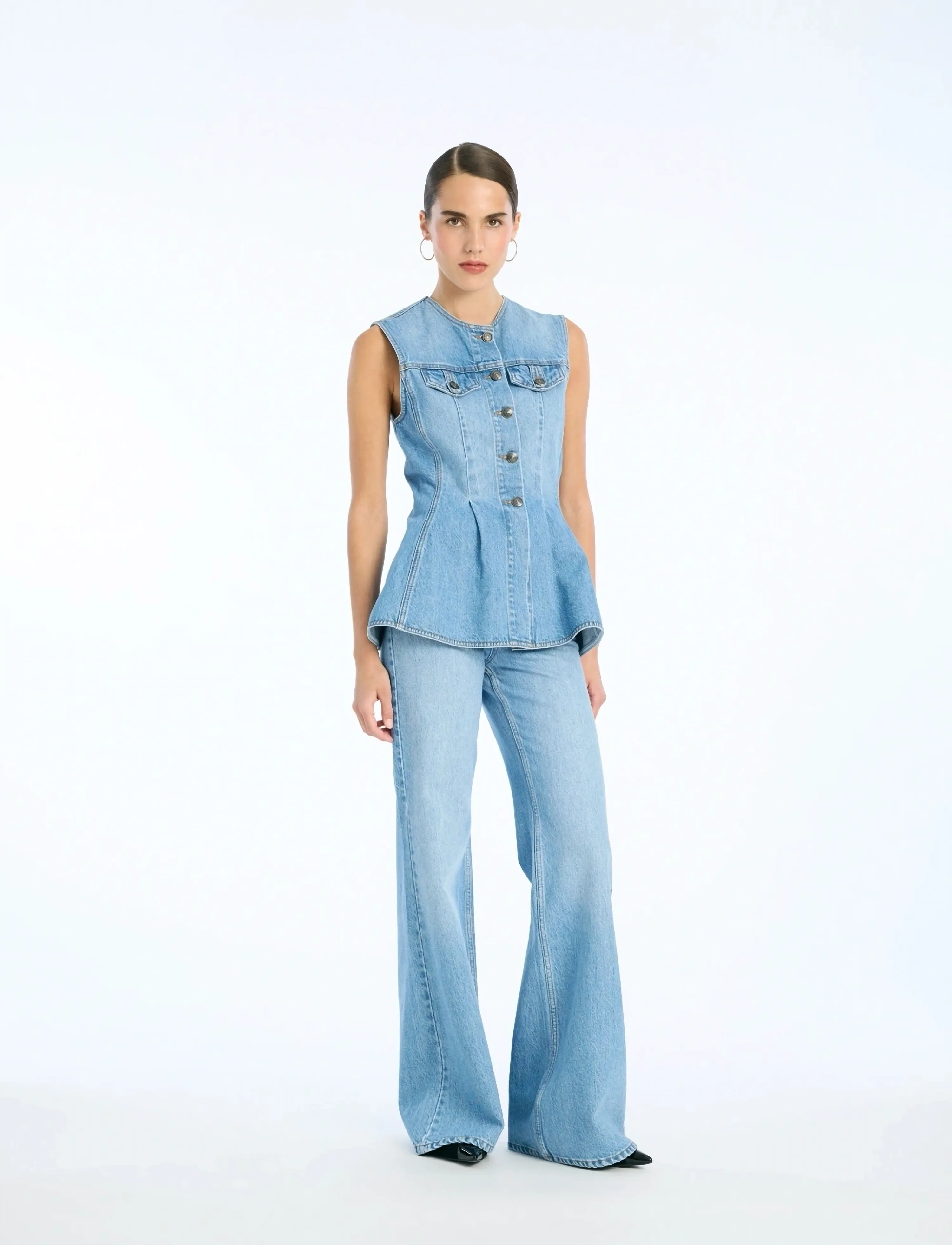 ROTATE FLARED DENIM TOP - ROTATE - HYDRANGEA (BLUE) / blue