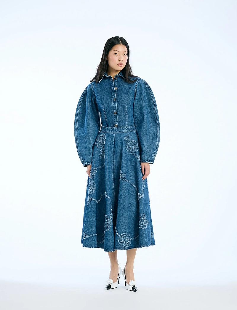 ROTATE Birger Christensen - DENIM FLOWER MIDI SKIRT - denim skirts - medium blue denim - 3