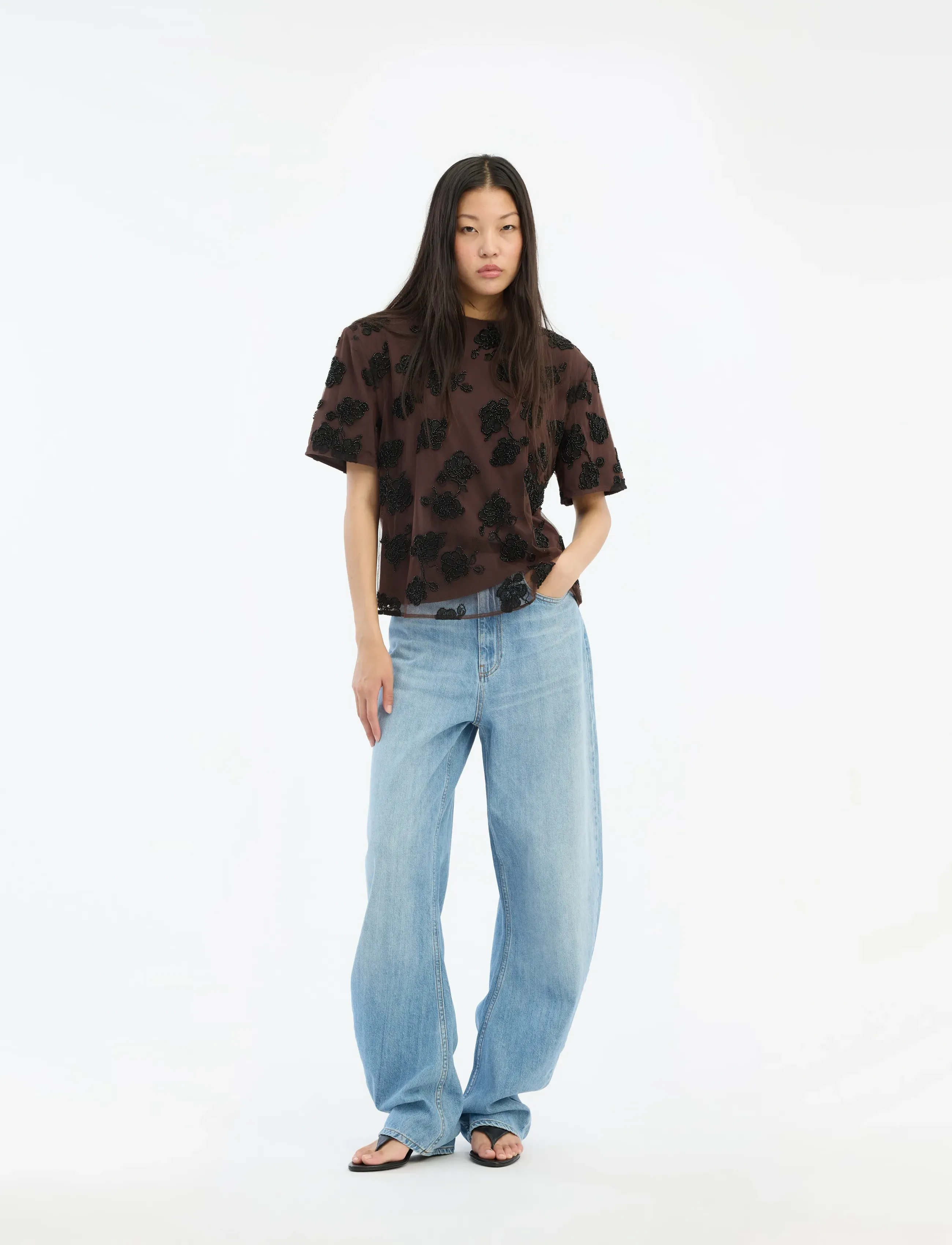 ROTATE Beaded Oversized Top, Kvinder, Perlebesat Oversized Top, Brun, Str: 40