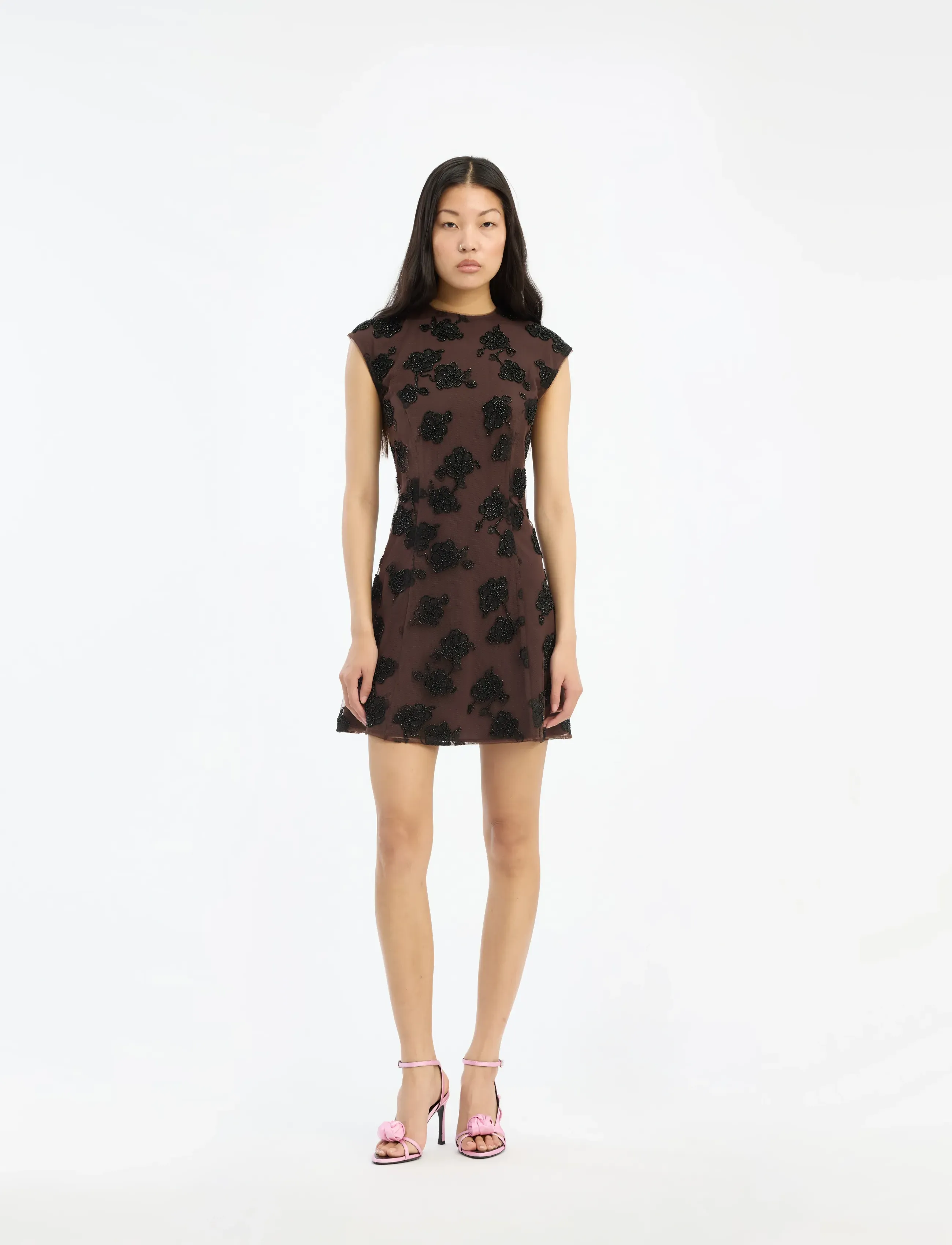 ROTATE Beaded Mini Flared Dress, Kvinder, Perlebesat Mini Flared Kjole, Brun, Str: 38