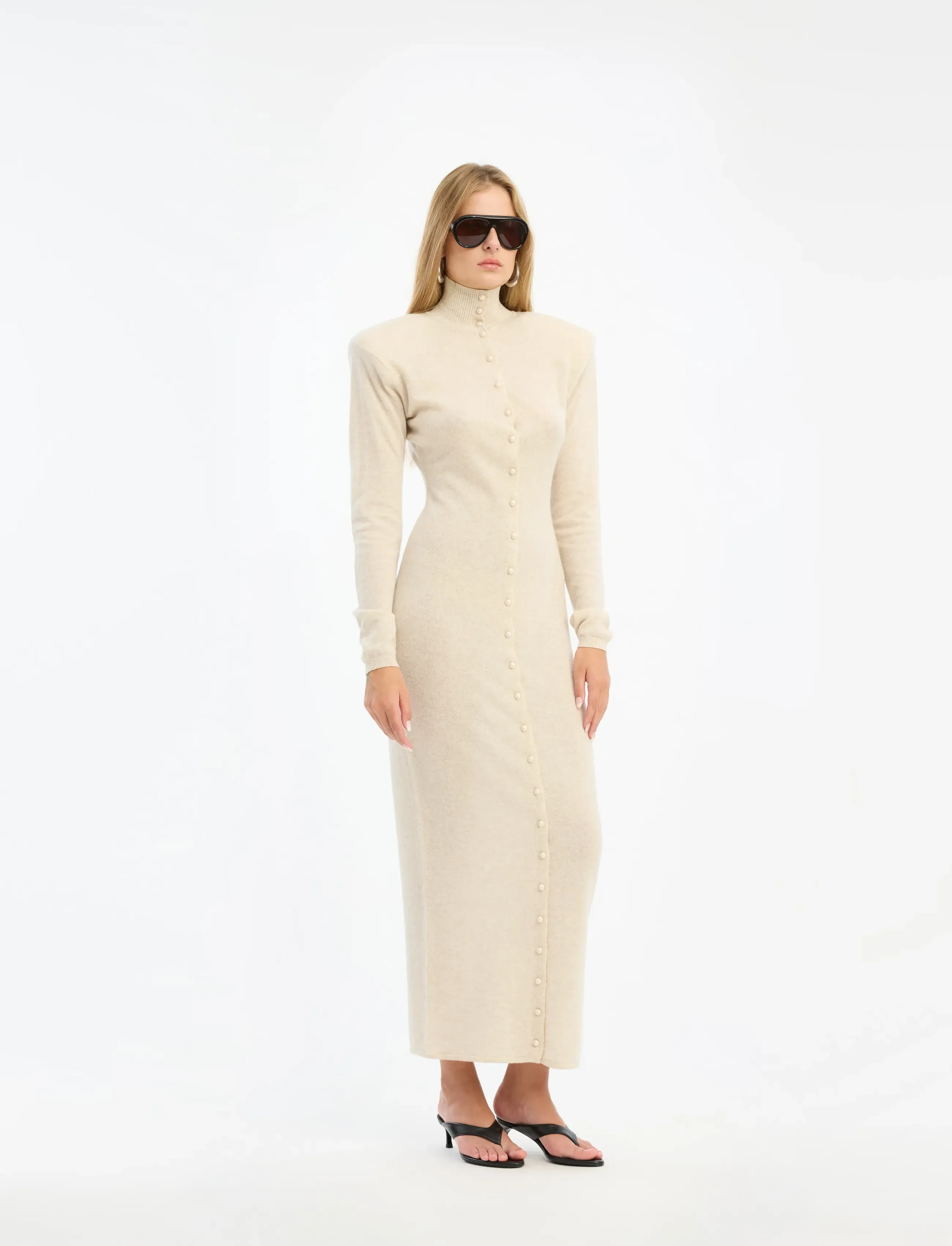 ROTATE Knitted Polo Dress, Kvinder, Strikket Højhalset Polokjole, Beige, Str: XL