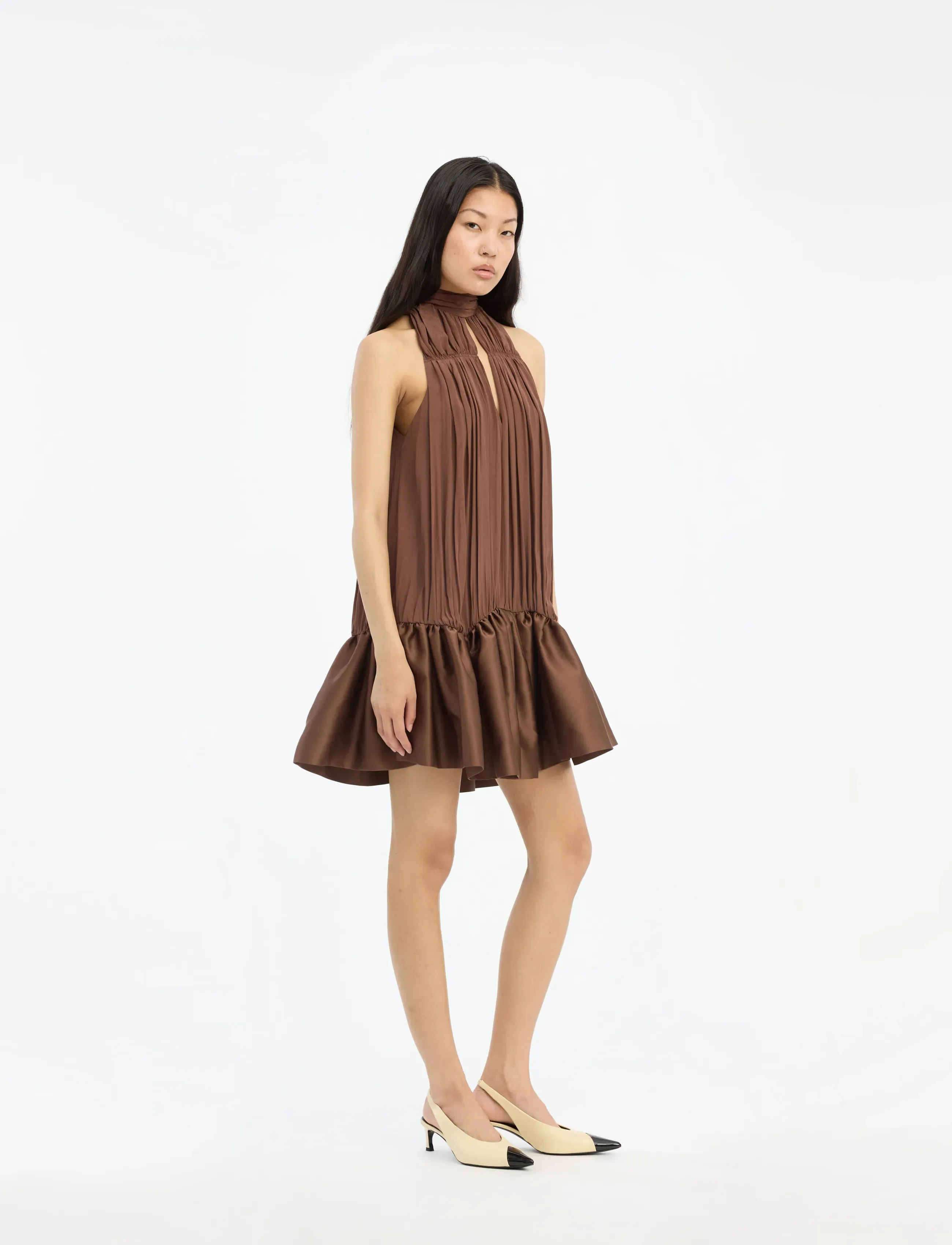 ROTATE Gathered Mini Dress, 36, Designer, Braun - Knee-length & Midi, Frauen