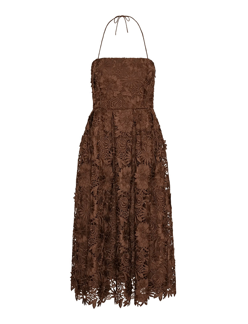 ROTATE Birger Christensen - 3D LACE FLARED MIDI DRESS - midi dresses - potting soil - 1