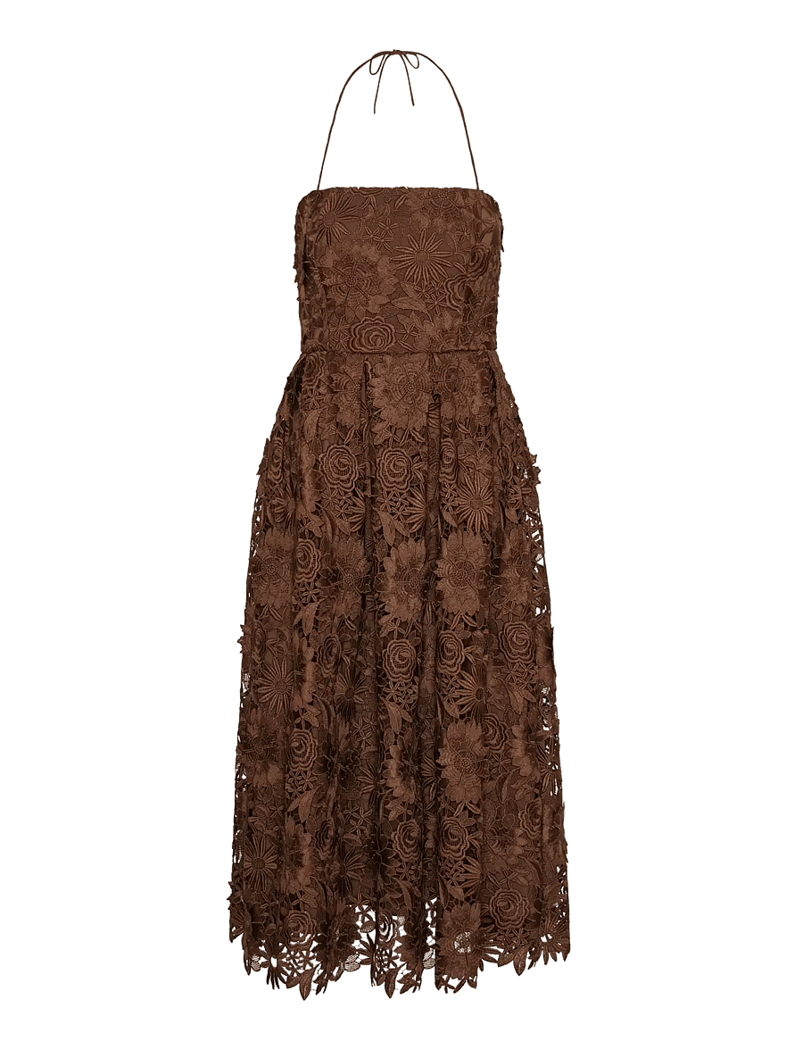 ROTATE - 3D LACE FLARED MIDI DRESS - sukienki koronkowe - potting soil - 1