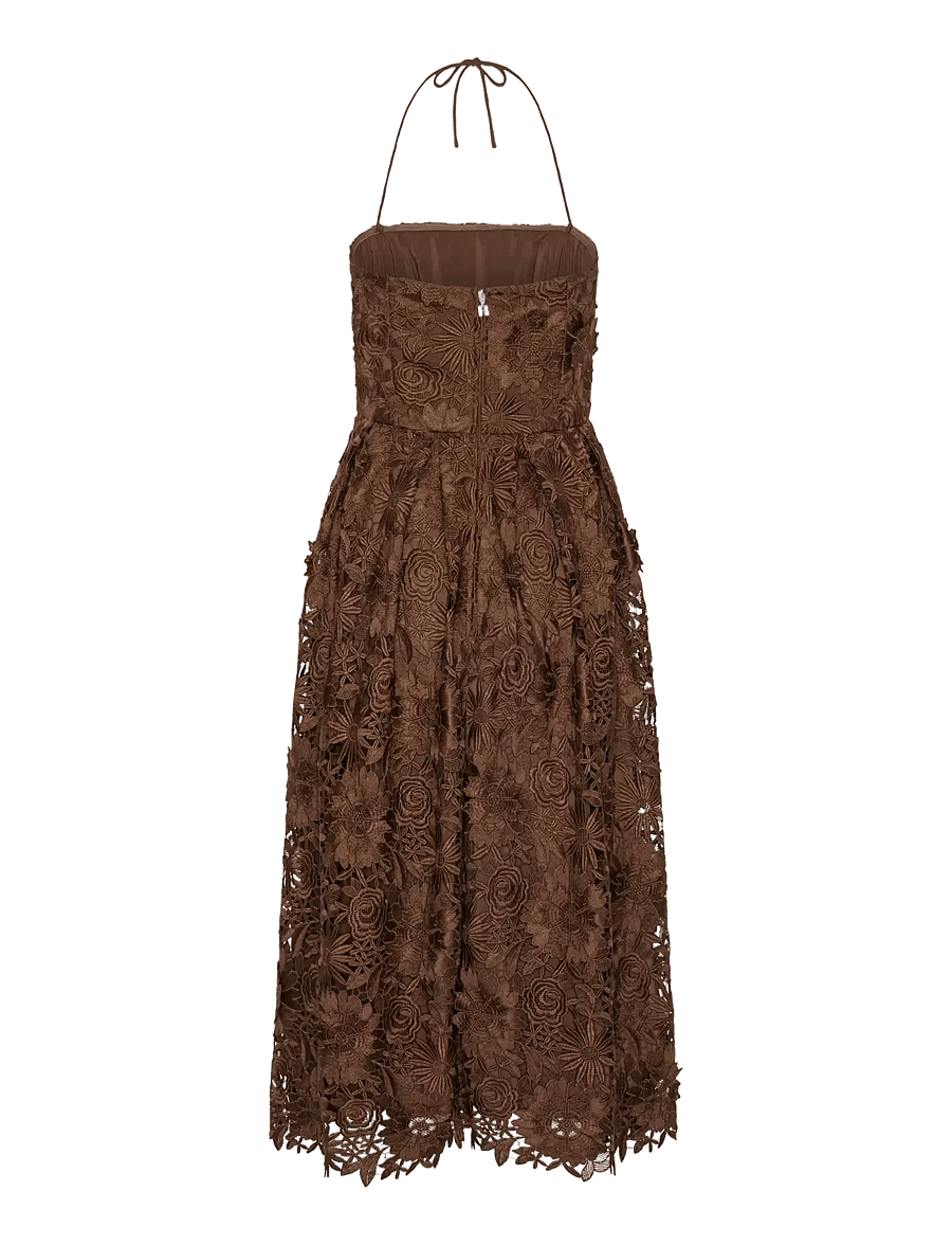 ROTATE - 3D LACE FLARED MIDI DRESS - sukienki koronkowe - potting soil - 2