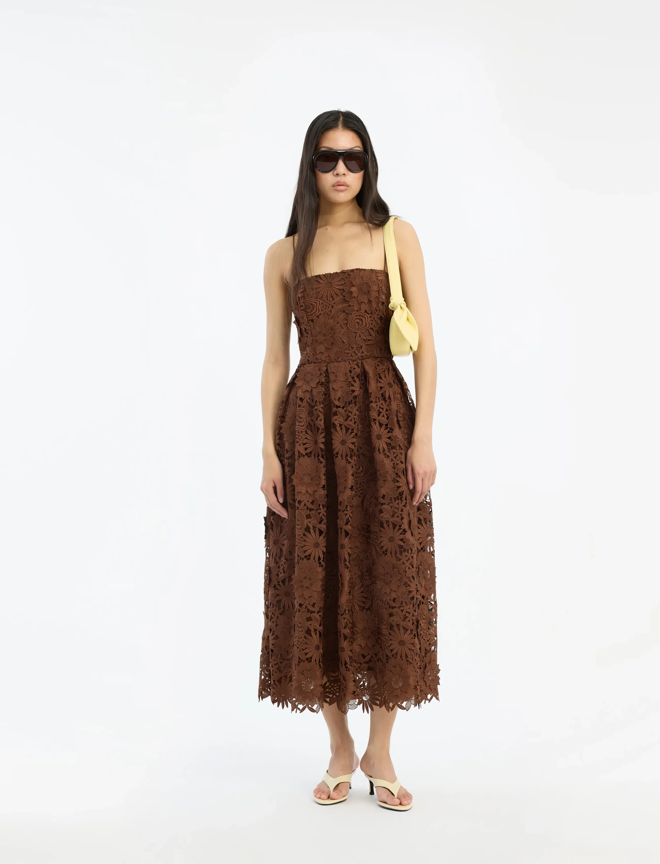 ROTATE 3D Lace Flared Midi Dress, 40, Brown, Designere > Knælange Og Midi, Dame