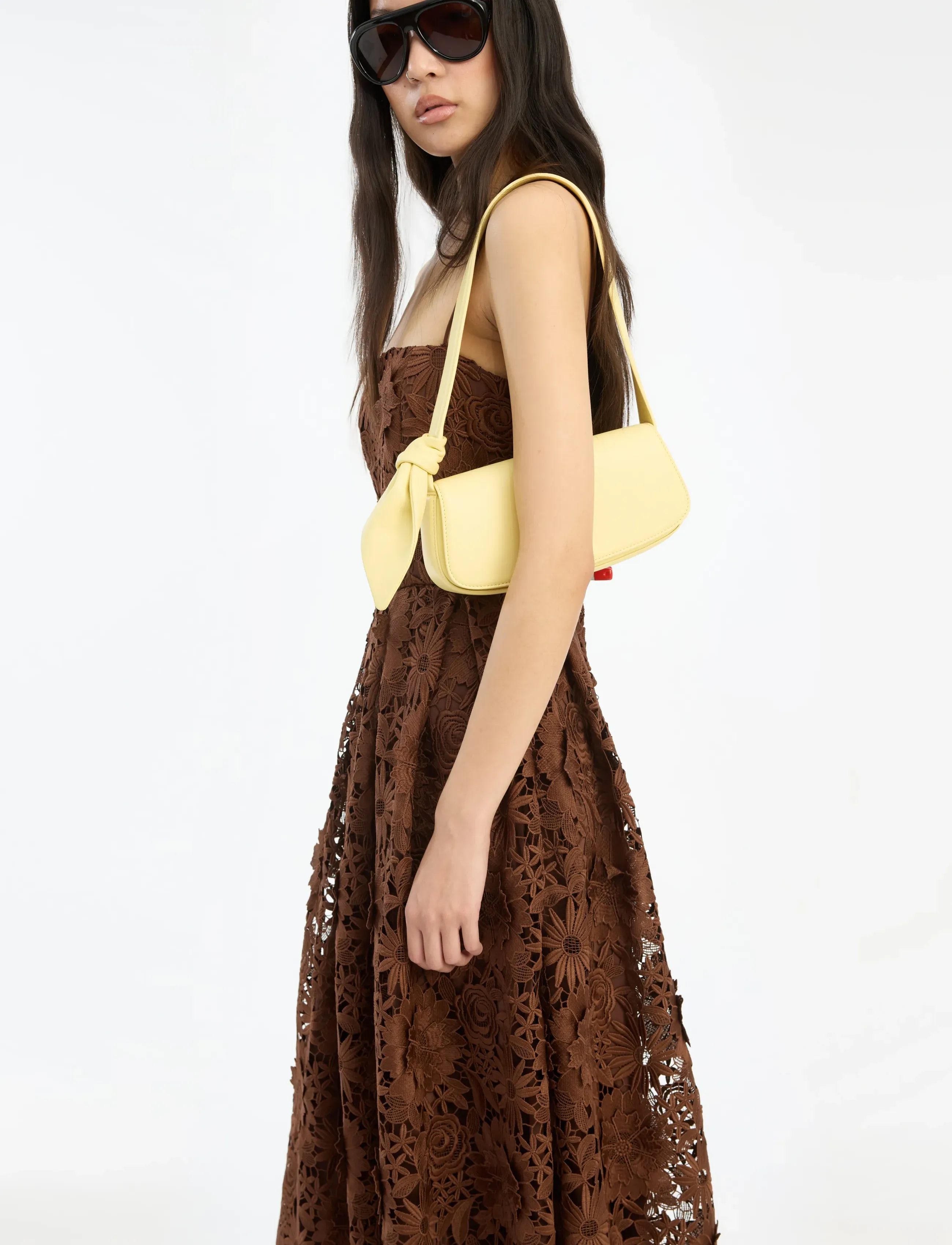 ROTATE - 3D LACE FLARED MIDI DRESS - sukienki koronkowe - potting soil - 3