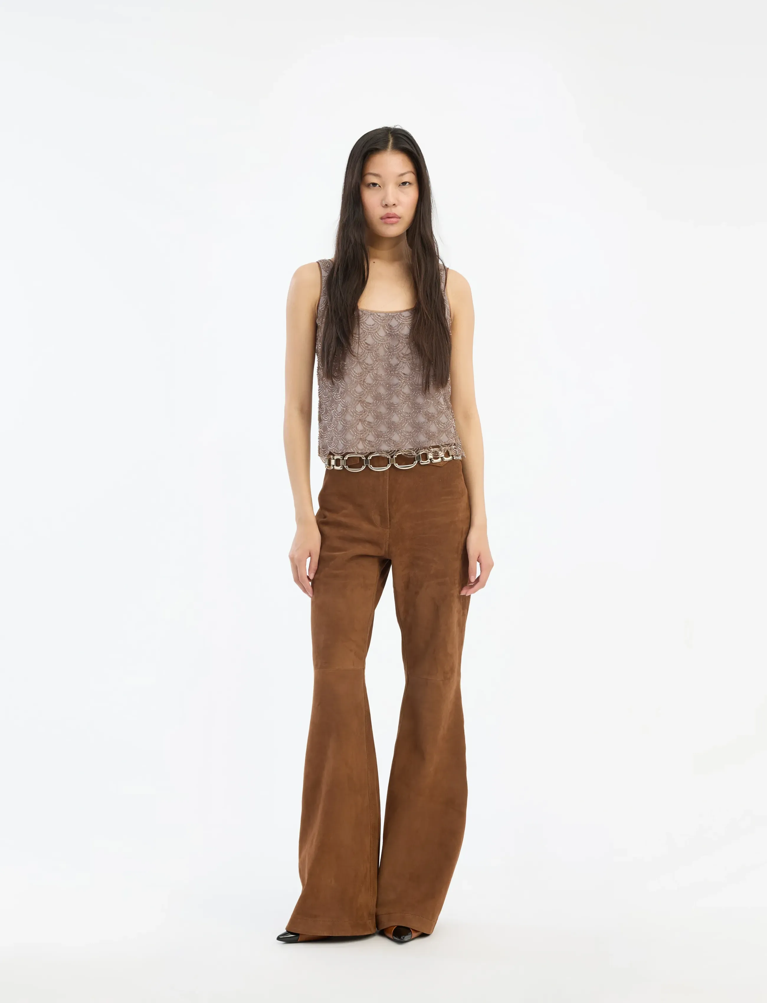 ROTATE Scallop Sequin Top, Kvinder, Ærmeløs Skallop Paillettop, Grå, Str: 42