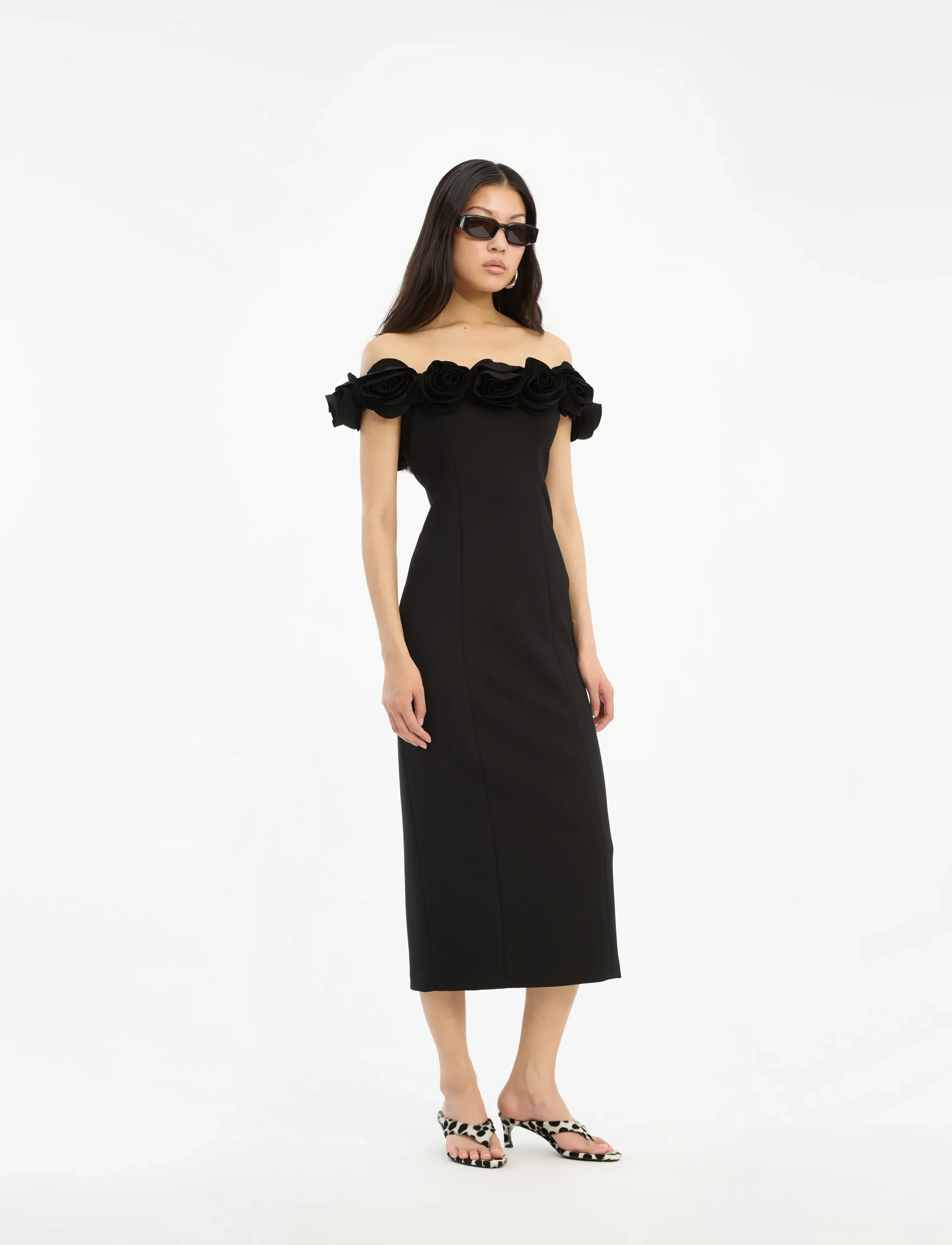 ROTATE Birger Christensen CREPE MIDI FLOWER DRESS - CPH fashion week - BLACK / black