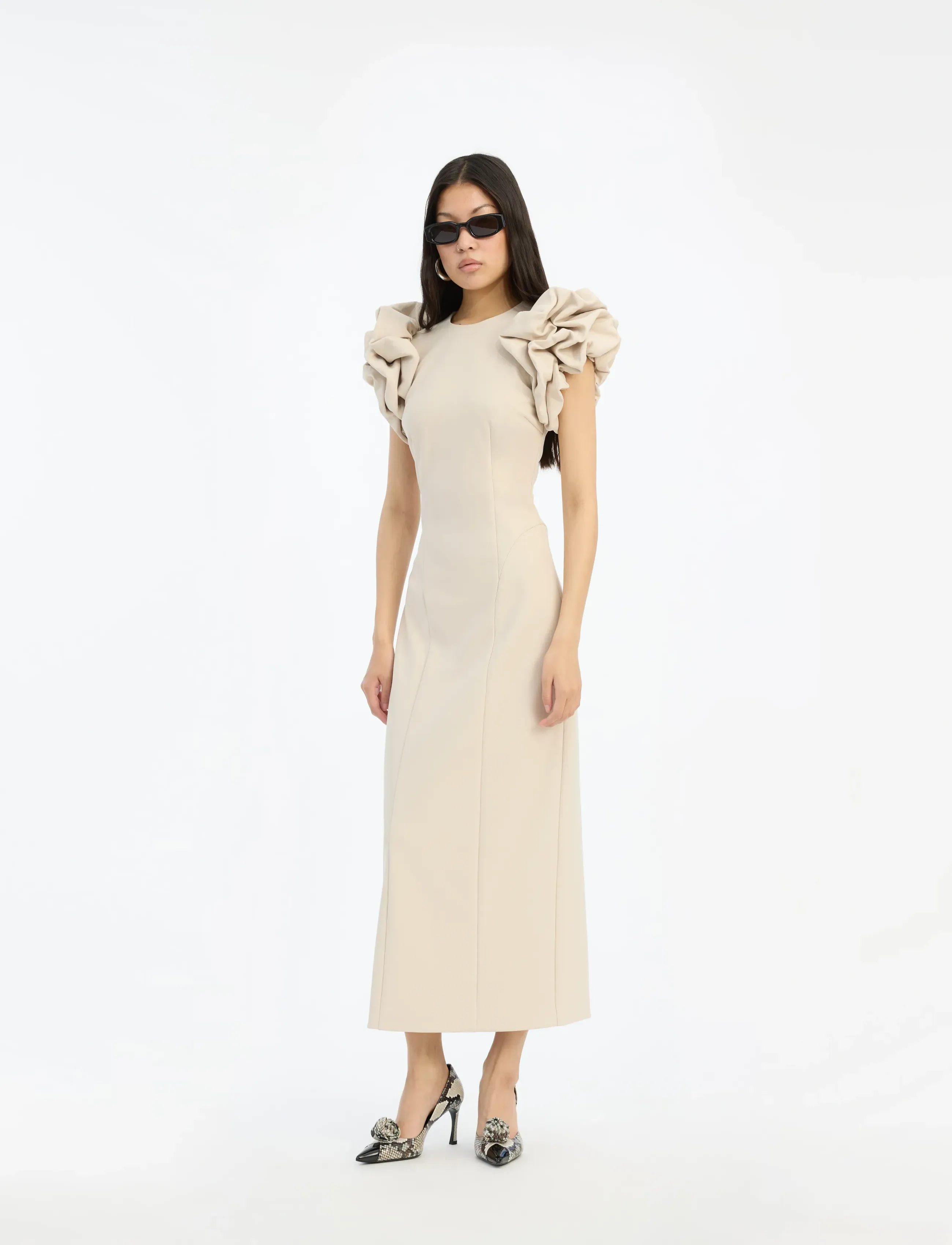 ROTATE Crepe Puffy Midi Dress, Kvinder, Puffy Midikjole, Cream, Str: 38