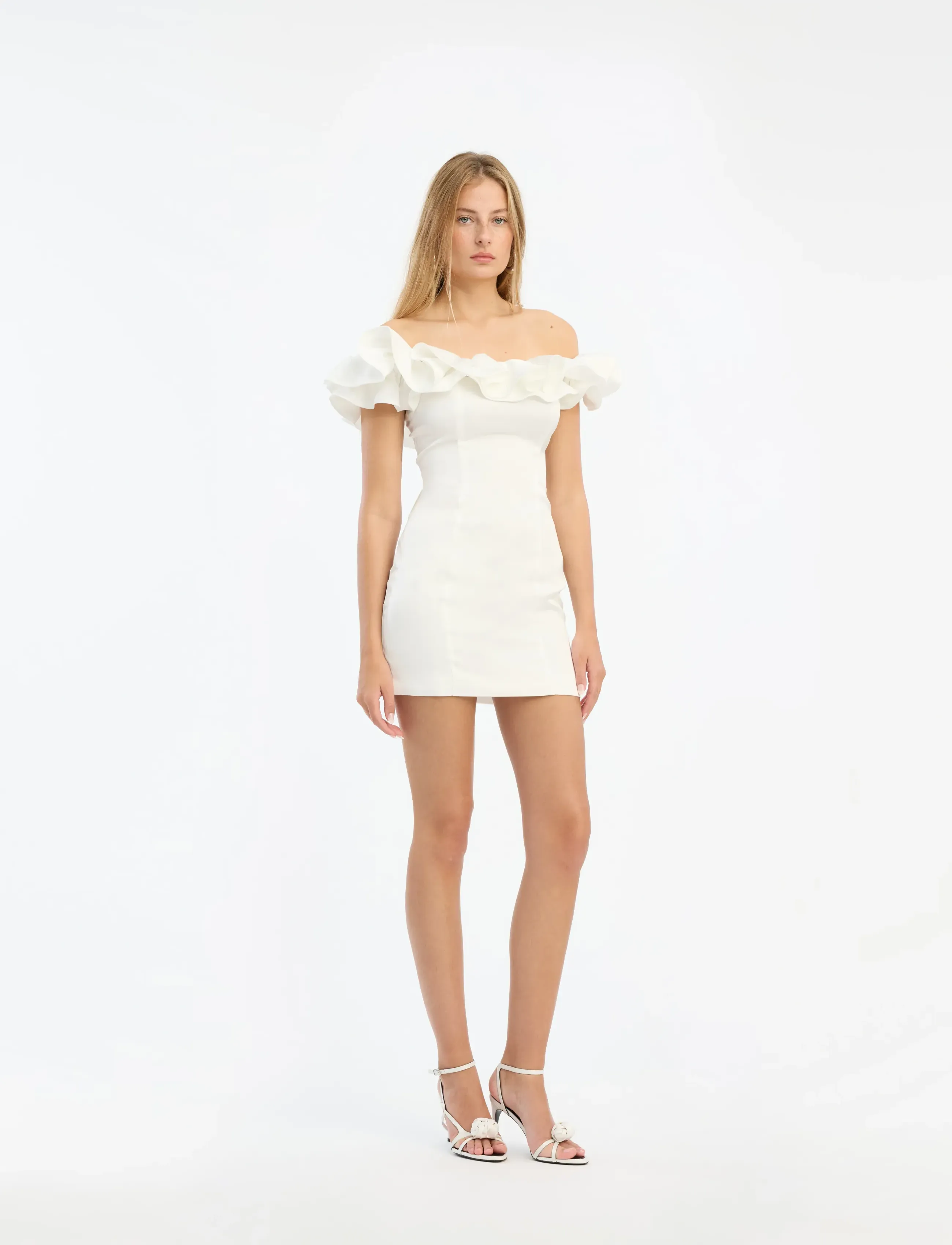 ROTATE Satin Mini Ruffle Dress, 40, White, Designere > Korte Kjoler, Dame