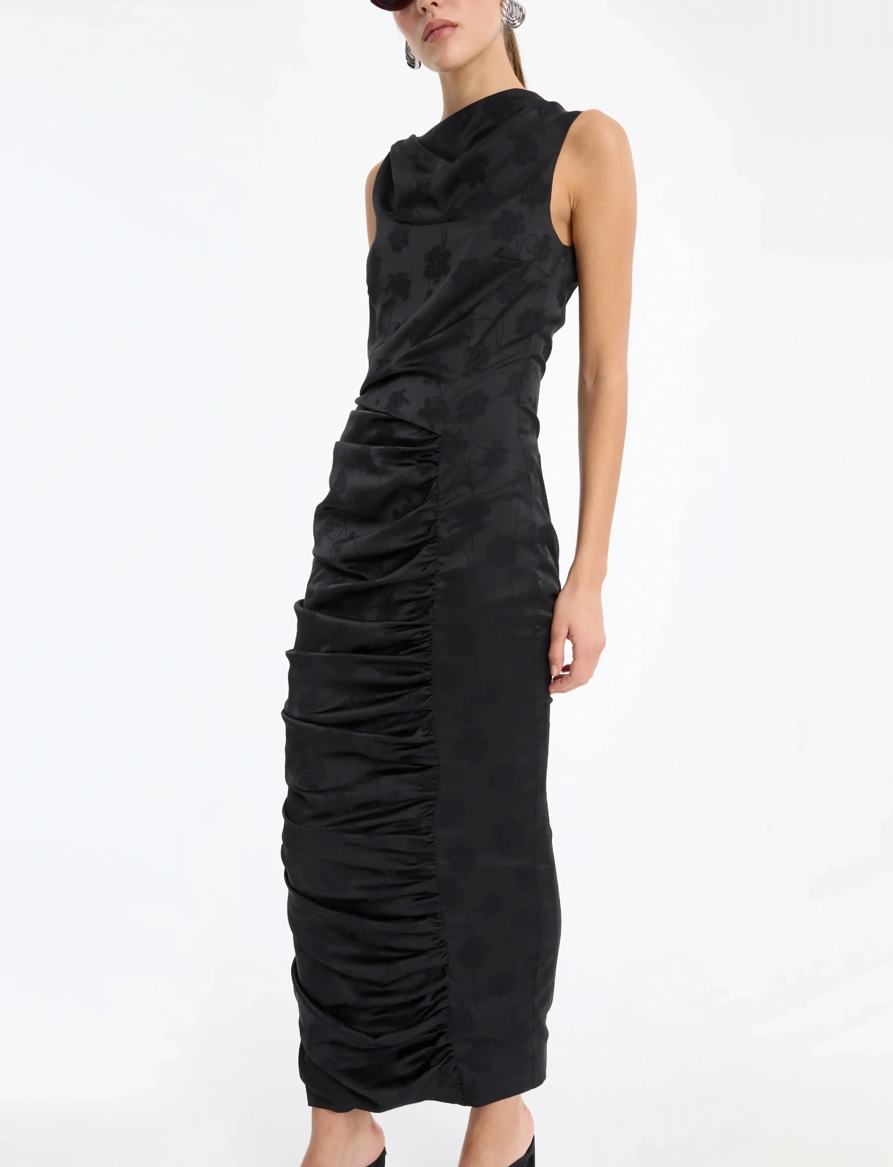 ROTATE Ruched Midi Dress, 42, Black, Kjoler > Knælange Og Midi, Dame