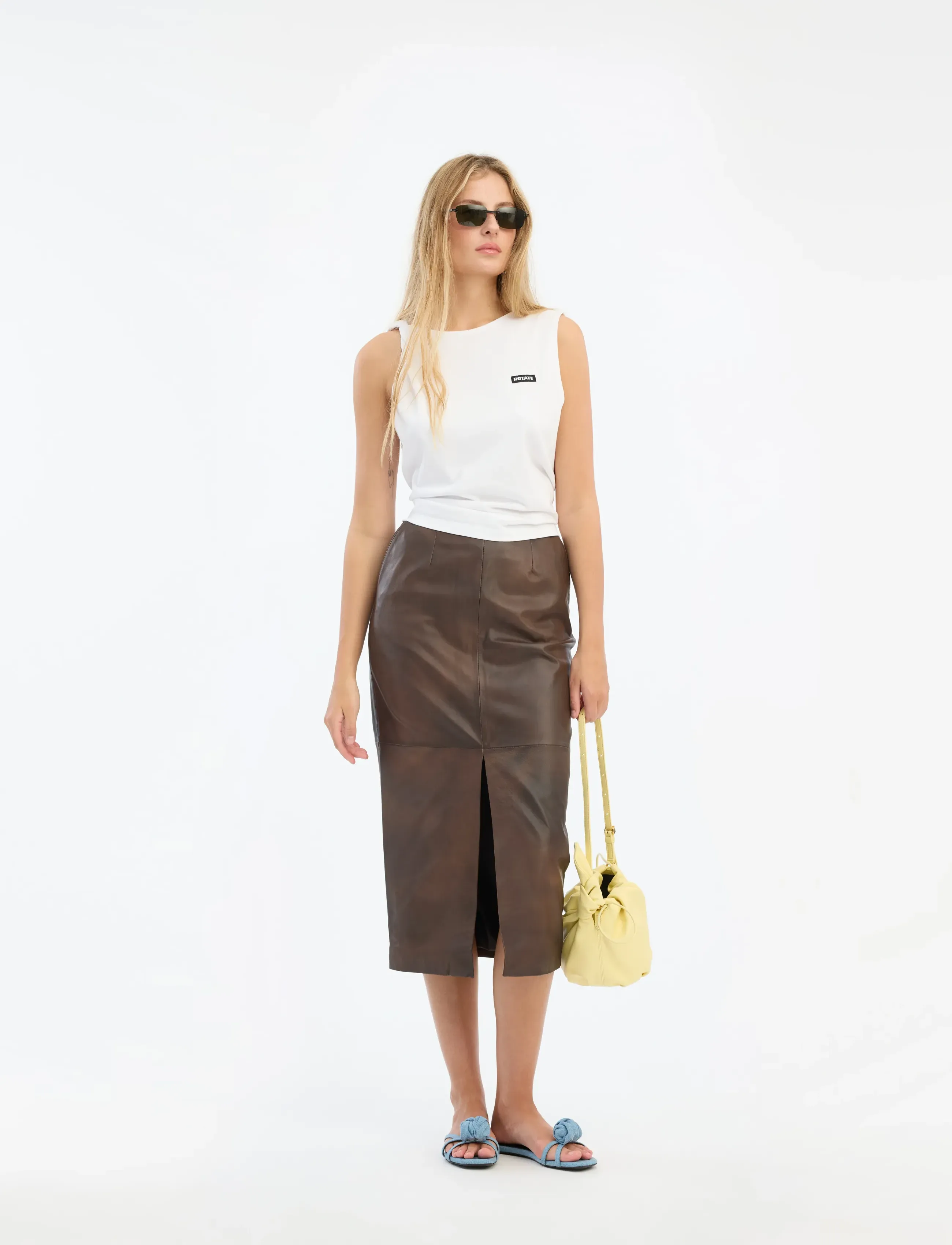 ROTATE Leather Midi Pencil Skirt, Kvinder, Læder Midi Blyantskørt, Brun, Str: 38