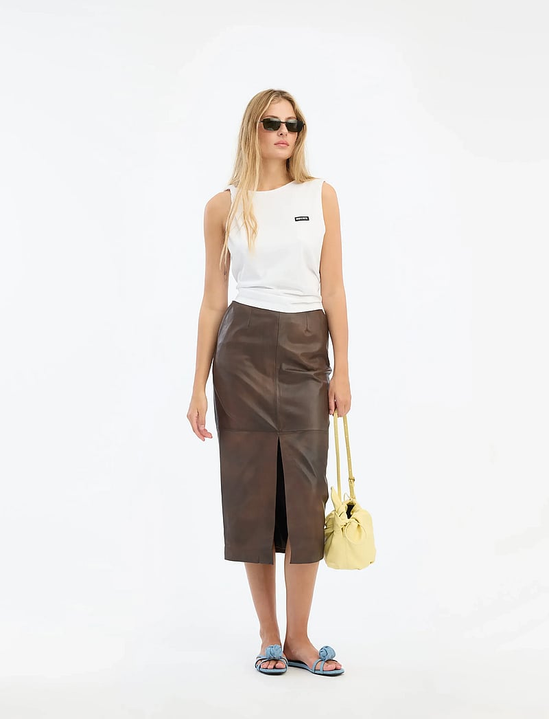 ROTATE Birger Christensen - LEATHER MIDI PENCIL SKIRT - leather skirts - potting soil - 0