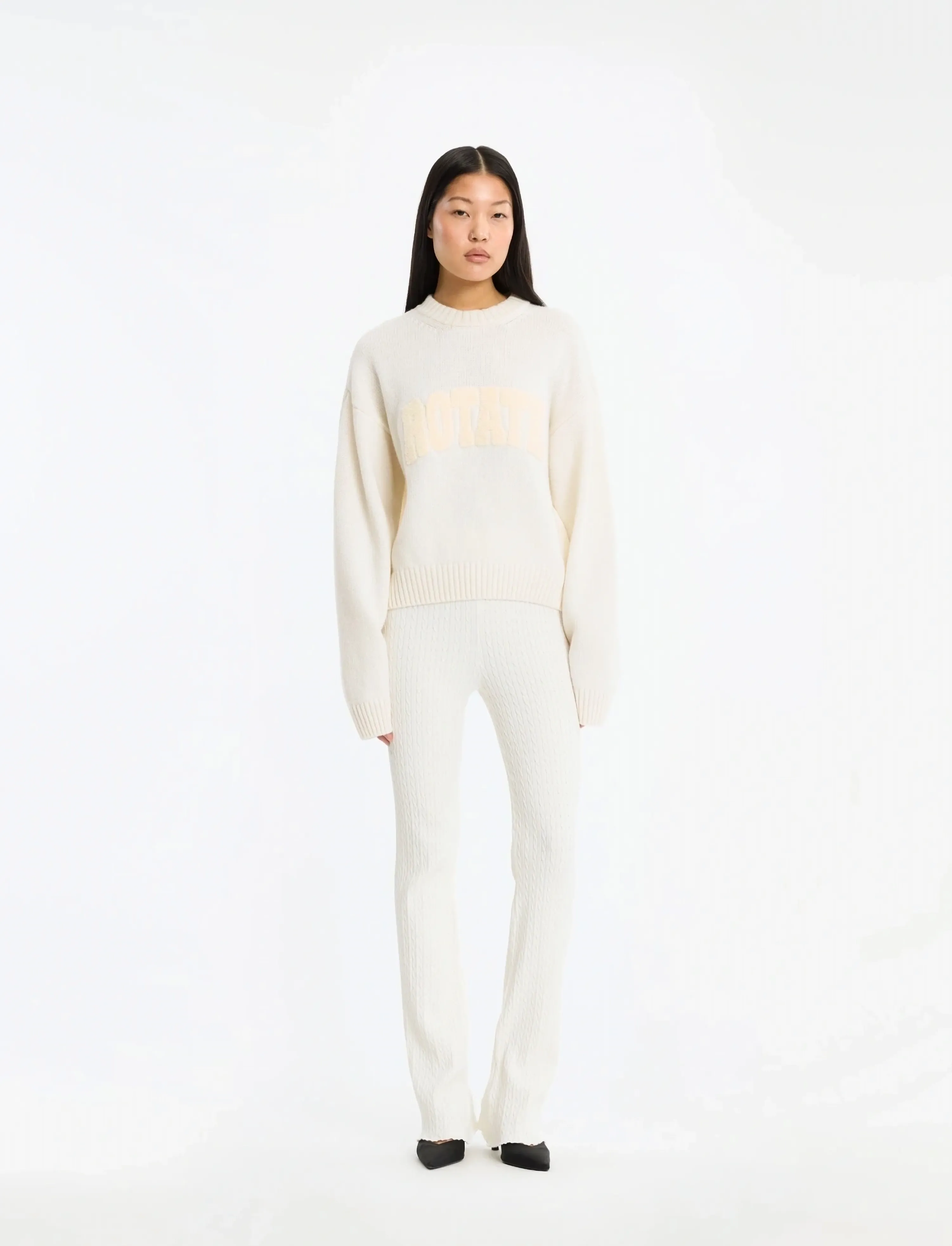 ROTATE Crewneck Sweater, Kvinder, Grafisk Rundhals Sweater, Cream, Str: XS