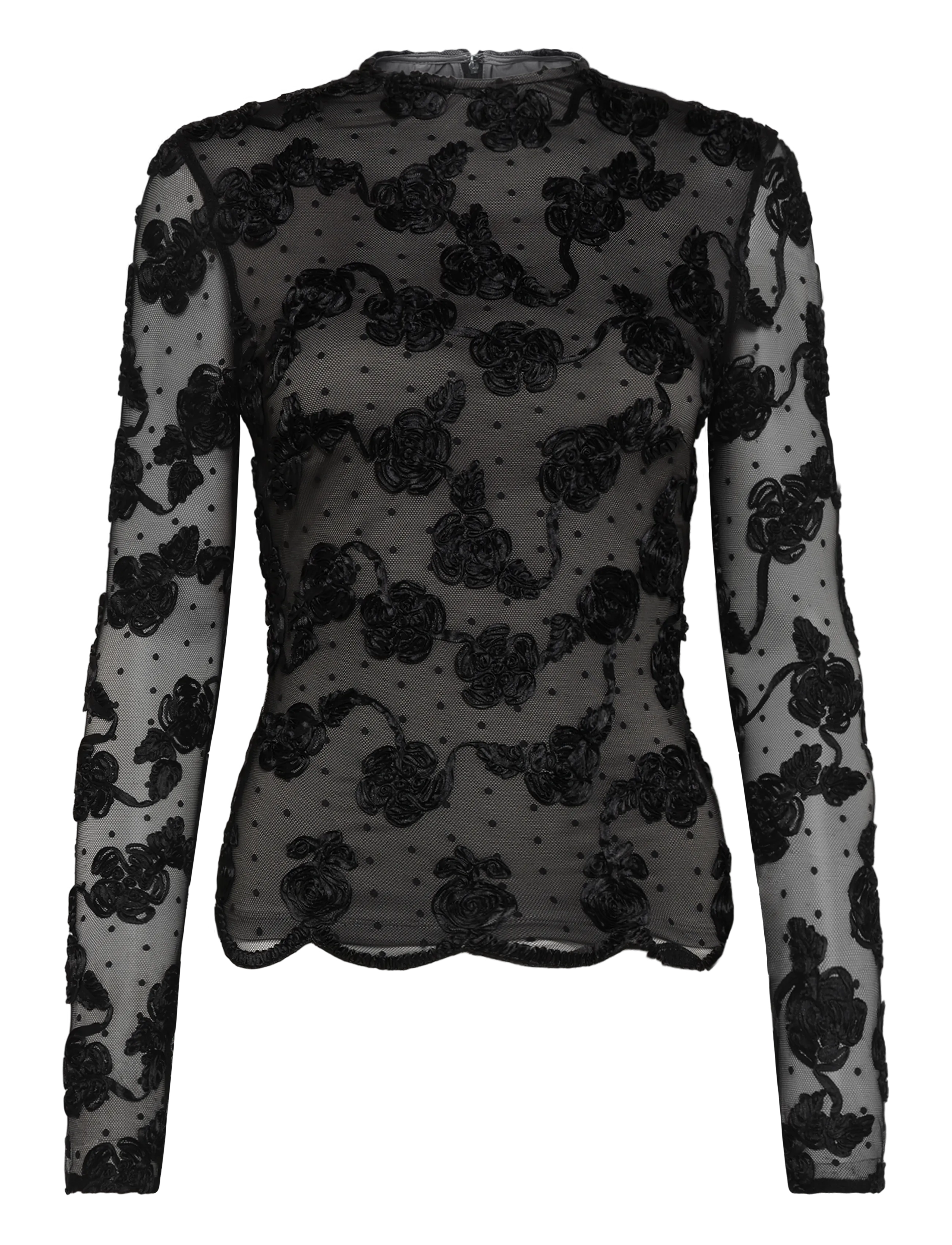 ROTATE Flower Mesh Ls Top, Kvinder, Blomstret Mesh Langærmet Top, Sort, Str: 36