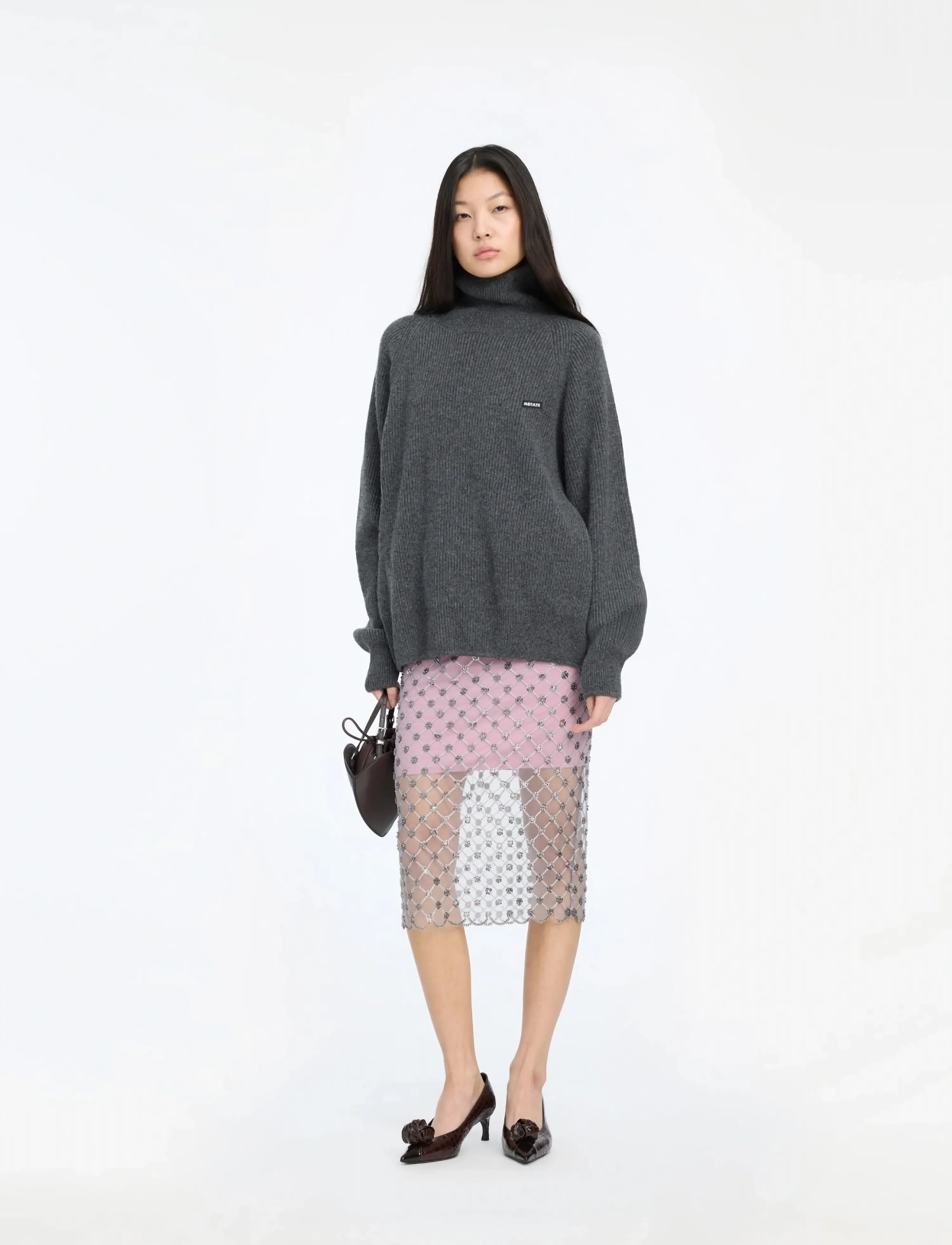ROTATE KNIT HIGHNECK JUMPER - ROTATE - GRAY PINSTRIPE / grey