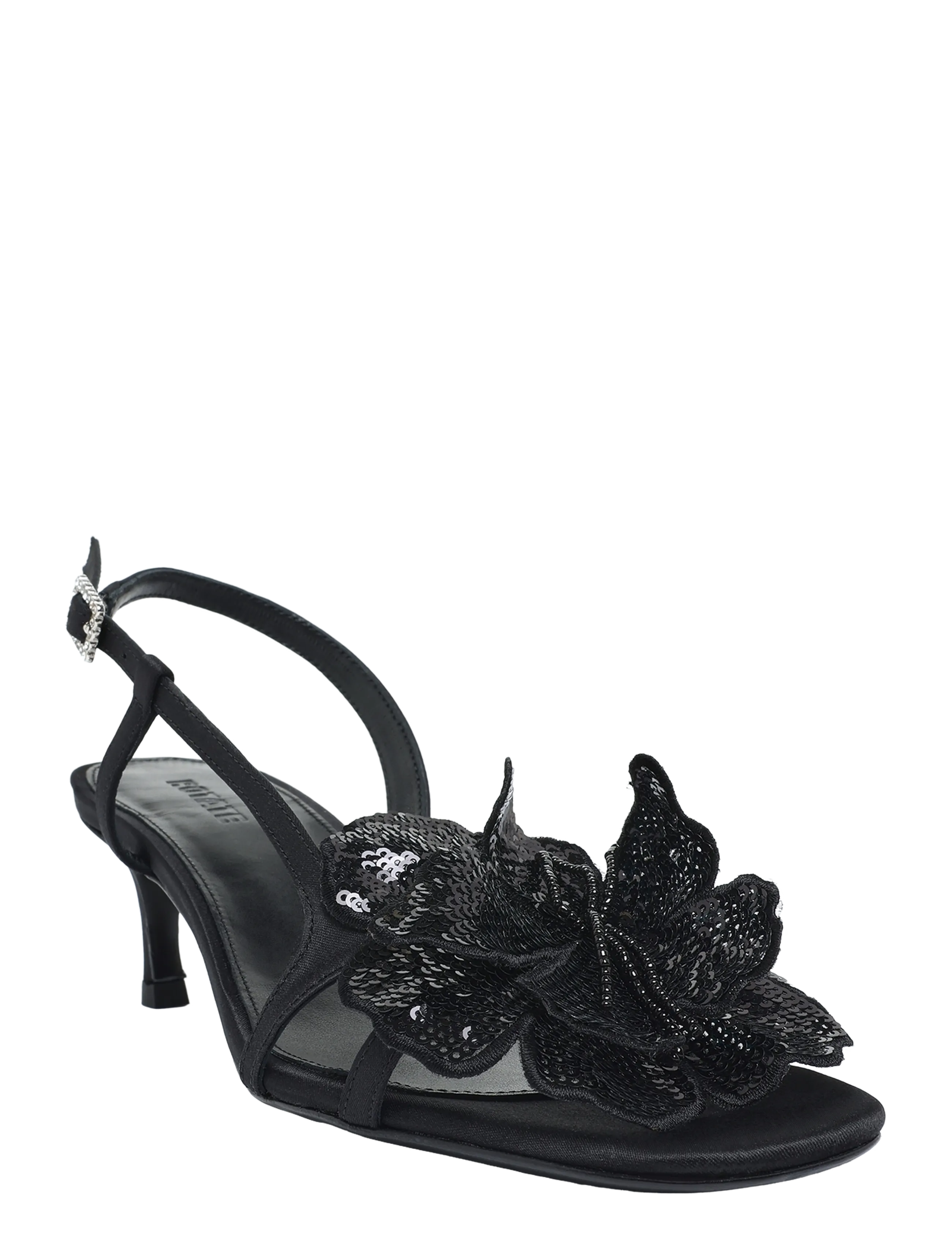 ROTATE MID HEEL FLOWER SATIN SANDAL - Shoes - BLACK / black
