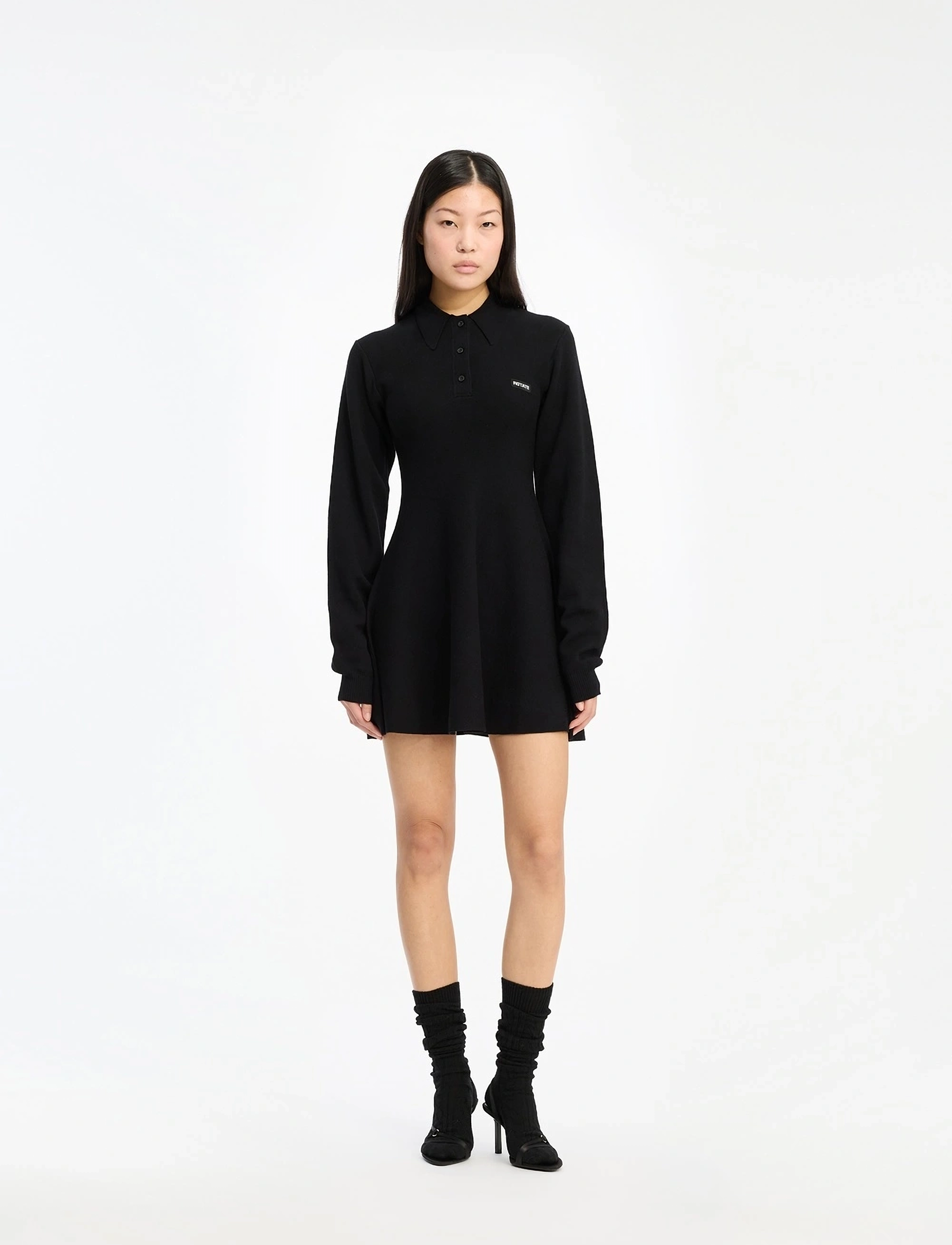 ROTATE Birger Christensen Slinky Knit Polo Dress, M, Black, Kjoler > Kort Kjole, Dame