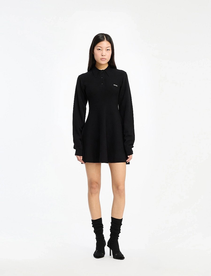 ROTATE Birger Christensen - Slinky Knit Polo Dress - strikkjoler - black - 0