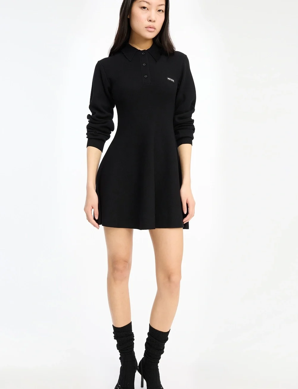 ROTATE Birger Christensen - Slinky Knit Polo Dress - stickade klänningar - black - 4