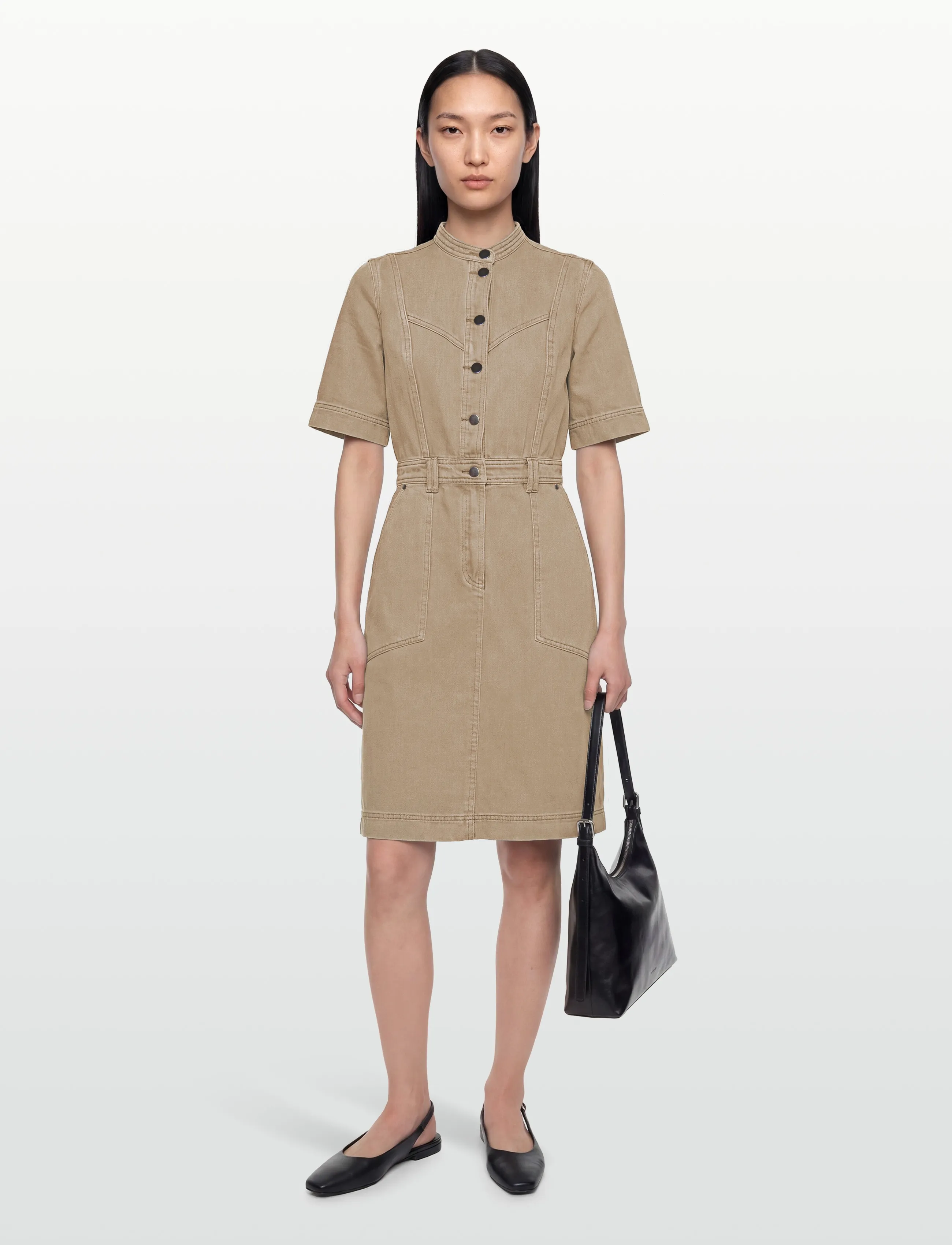 ROUGE EDIT ROUNOVA 2/4 SHORT DENIM DRESS - Shirt Dresses - FALLEN ROCK / beige