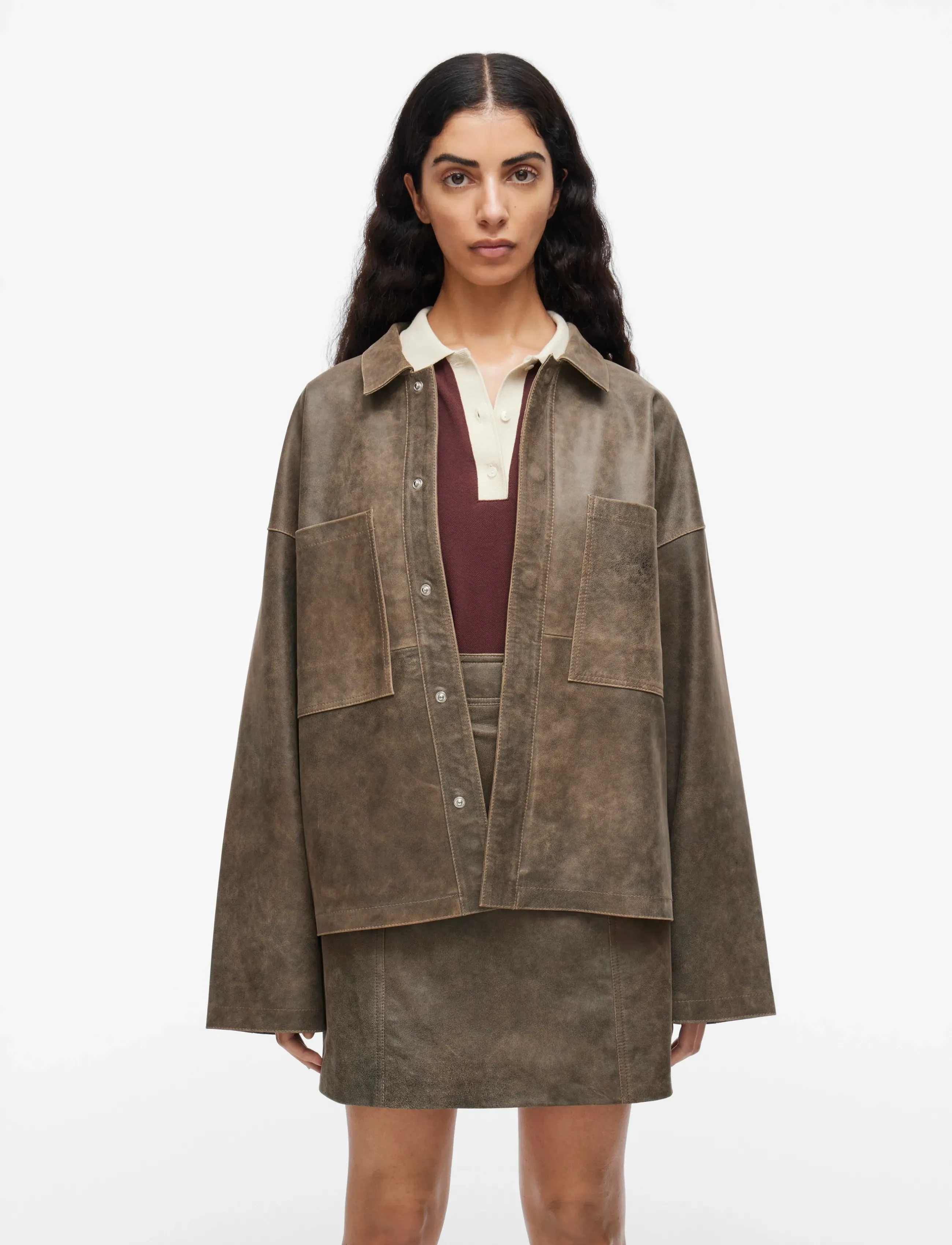 ROUGE EDIT Rounila Ls Leather Overshirt/1, 38, Brown, Overdele > Overtrøjer, Dame
