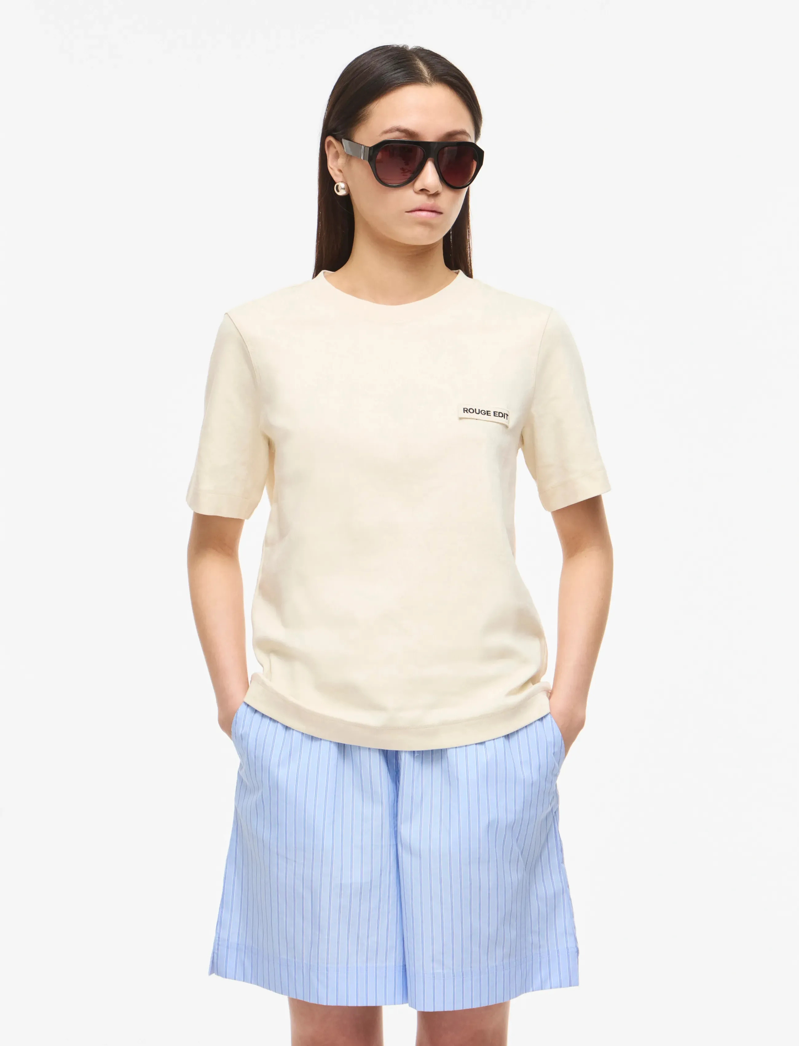 ROUGE EDIT Rousaras S/S O-Neck Tee/Pf/1, L, T-shirts & Oberteile, Creme - Short-sleeved, Frauen