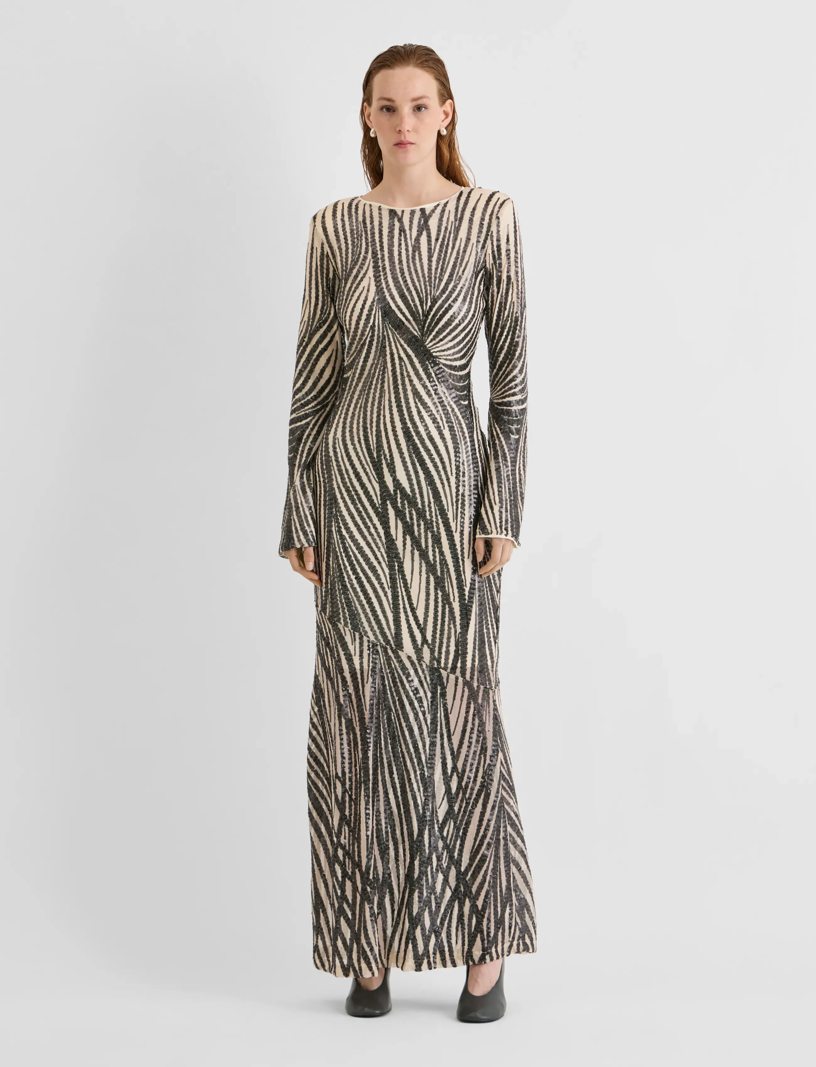 ROUGE EDIT ROULEONA L/S O-NECK MAXI DRESS/EV/PF - Kleider - PELICAN / cream