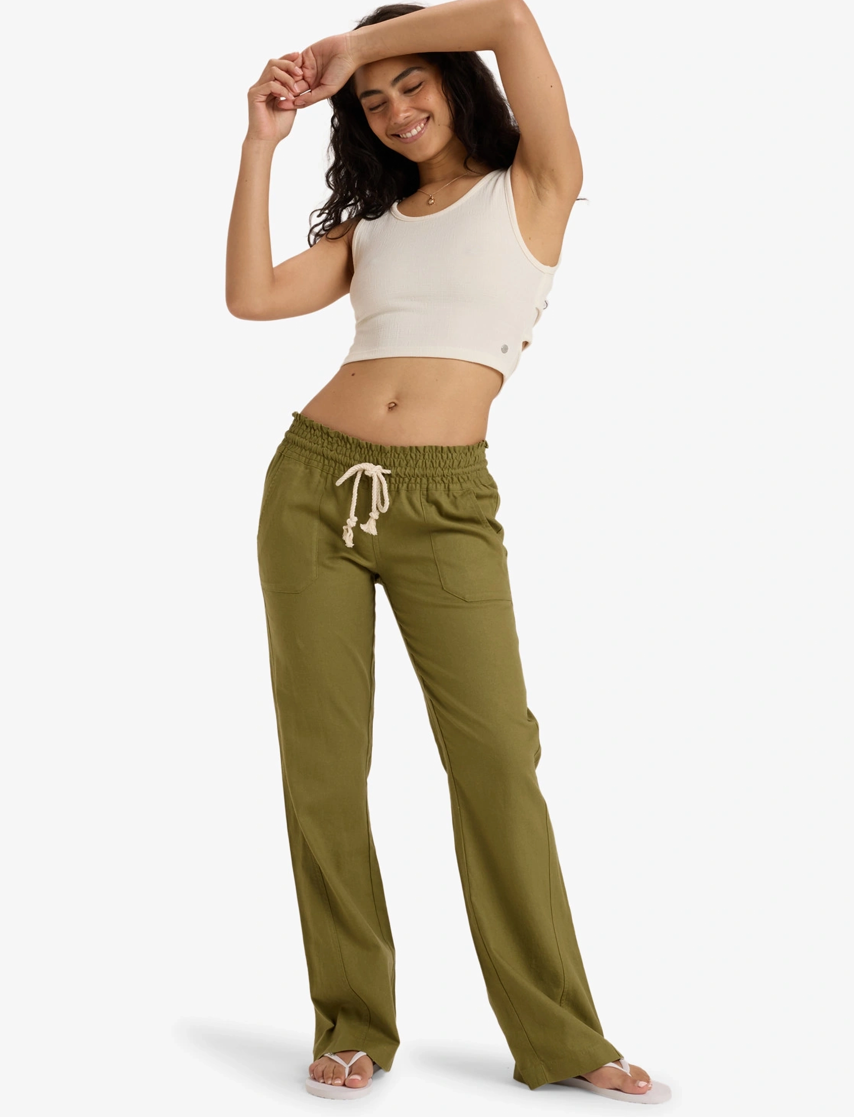 Roxy Oceanside Pant, Kvinder, Flared Bukser Med Snøre, Kakigrøn, Str: L