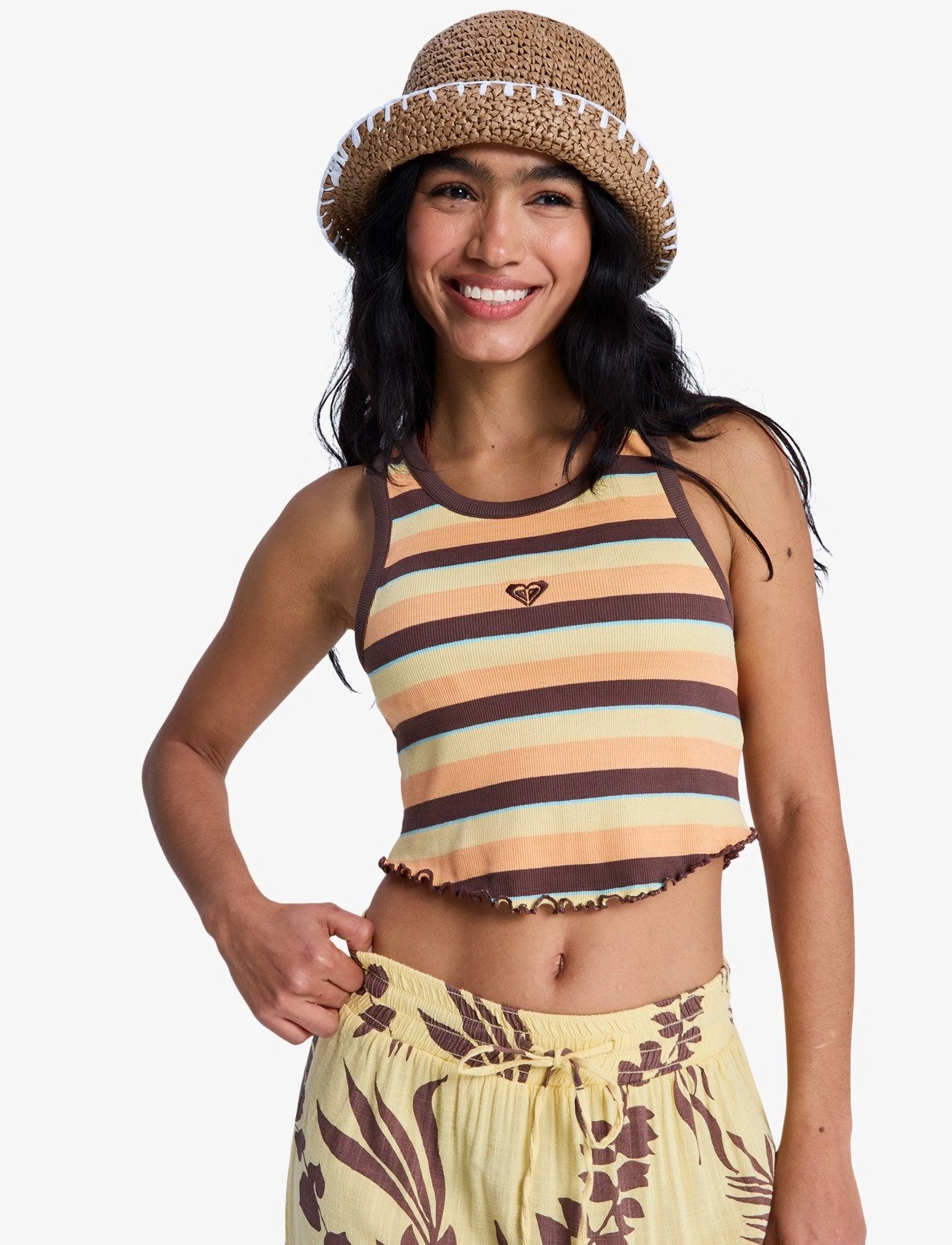 Roxy Sunlight Boost, Kvinder, Stribet Ribbet Croptop, Brun, Str: M