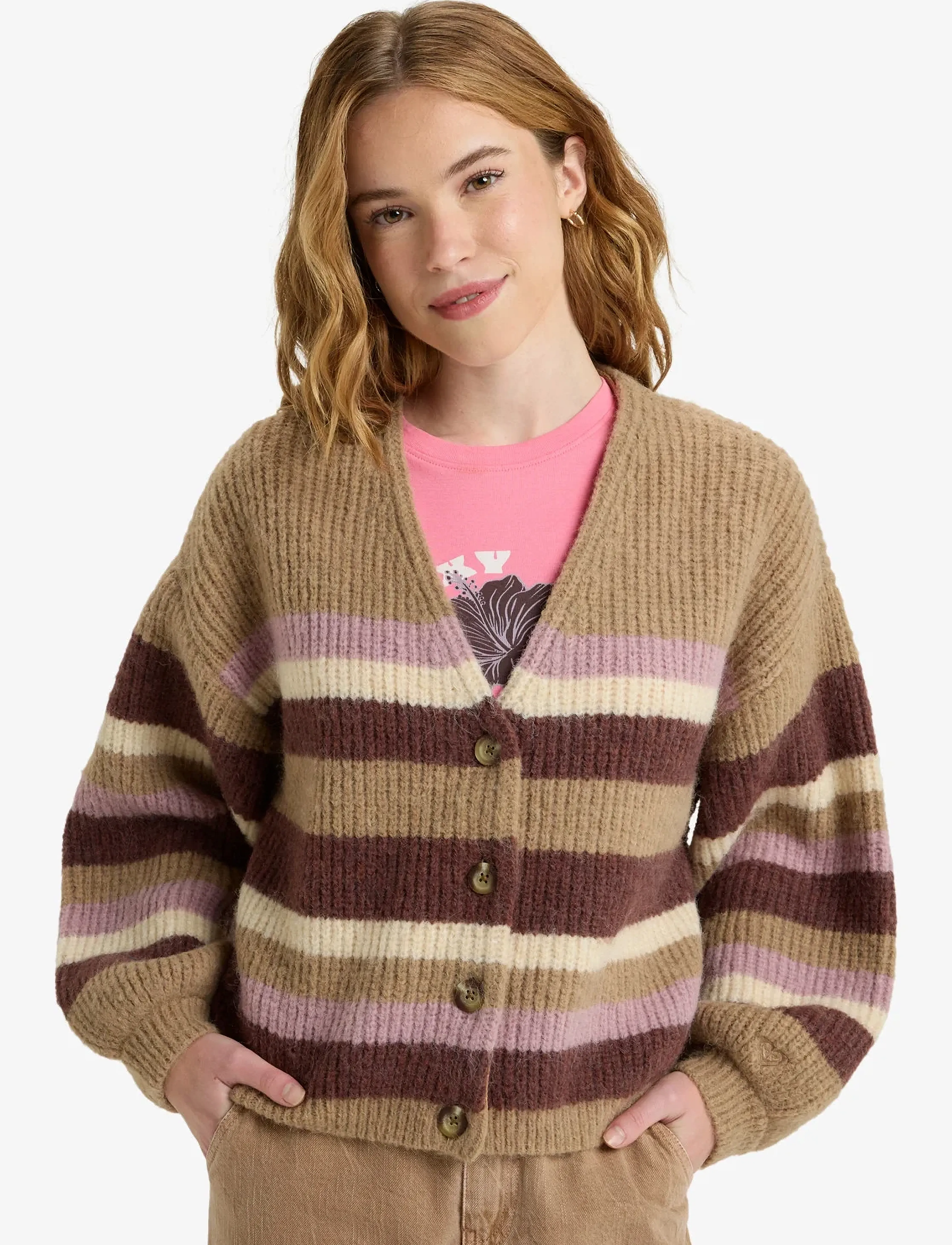 Roxy Marble Tiles Stripe, Kvinder, Stribet Cardigan, Brun, Str: M