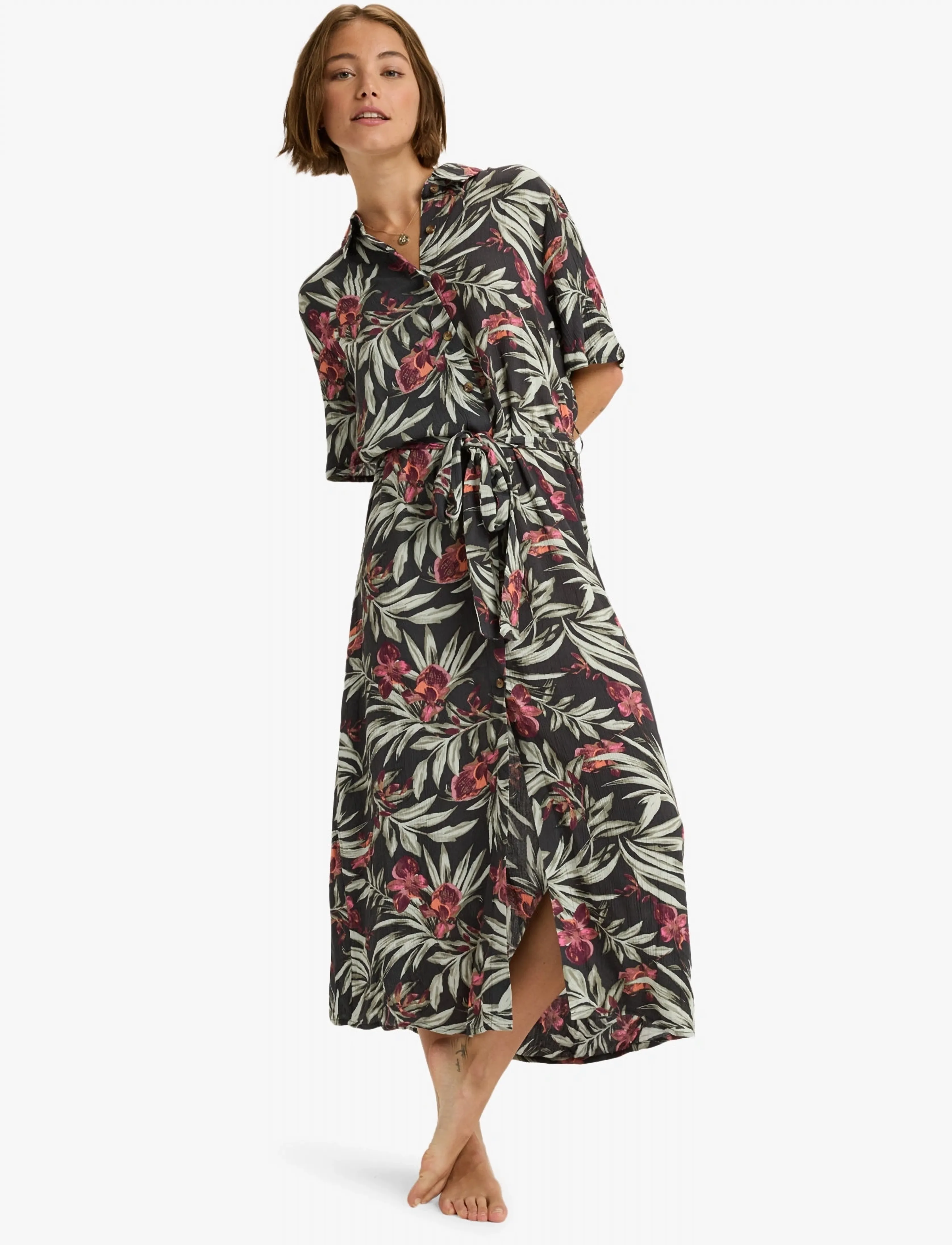 Roxy Island Escape Printed, Kvinder, Printet Maxi Skjortekjole, Sort, Str: S