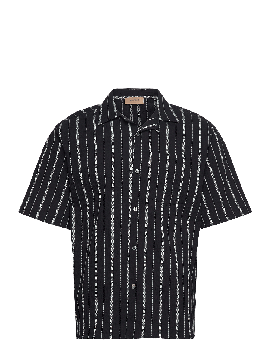 Rue de Tokyo - SETH PATTERNED SEERSUCKER STRIPE - kortærmede skjorter - black ecru stripe - 0