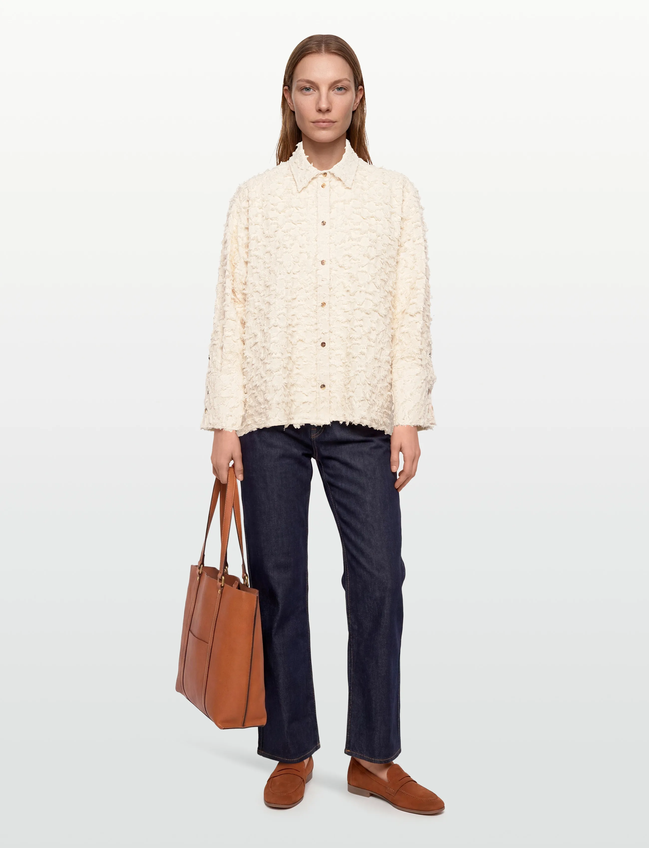 Rue de Tokyo Seke Twill Fil De Coupe, Kvinder, Bouclé Overskjorte, Beige, Str: XS/S