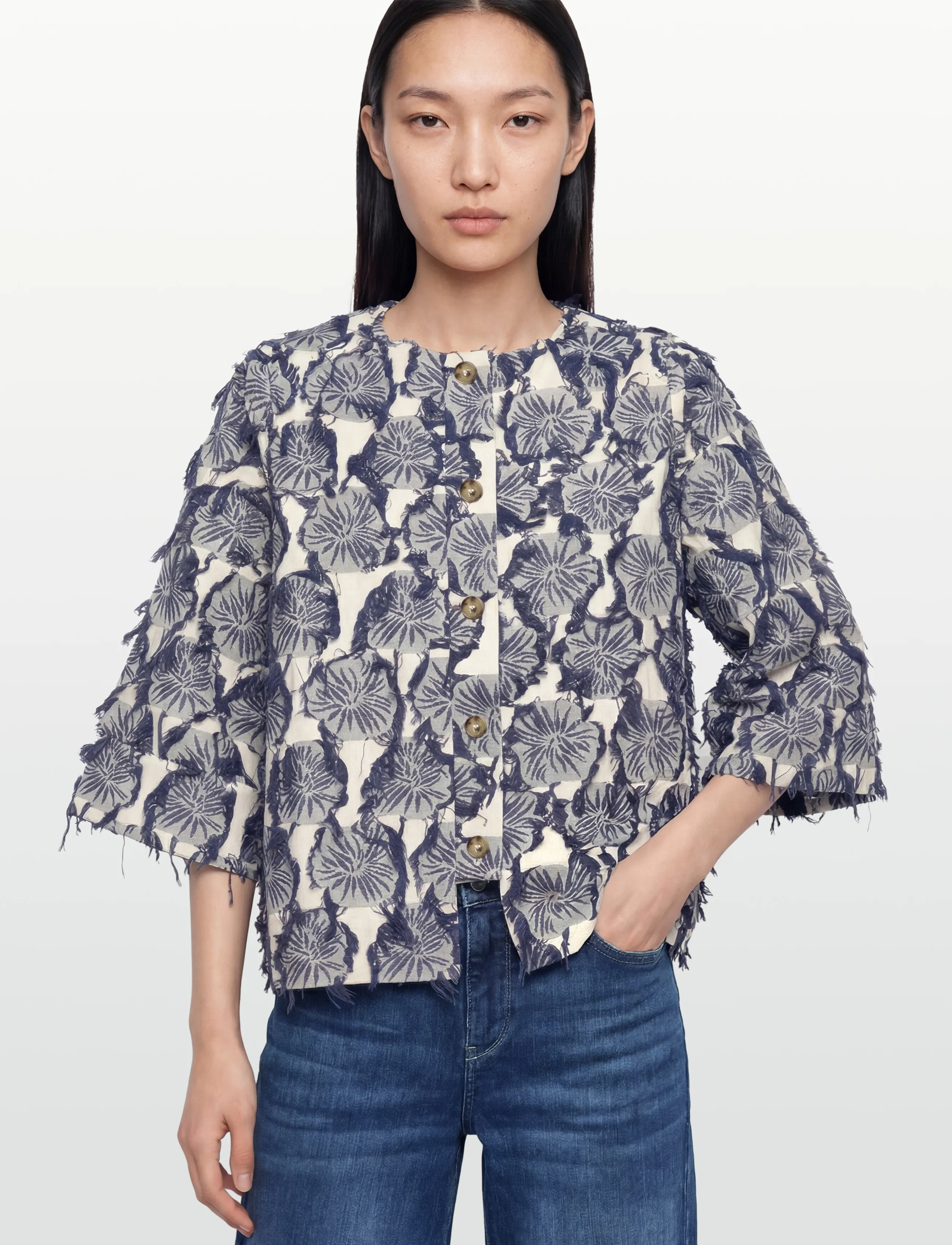 Rue de Tokyo - SUN FIL COUPE FLOWER - kortærmede skjorter - navy/sand - 3