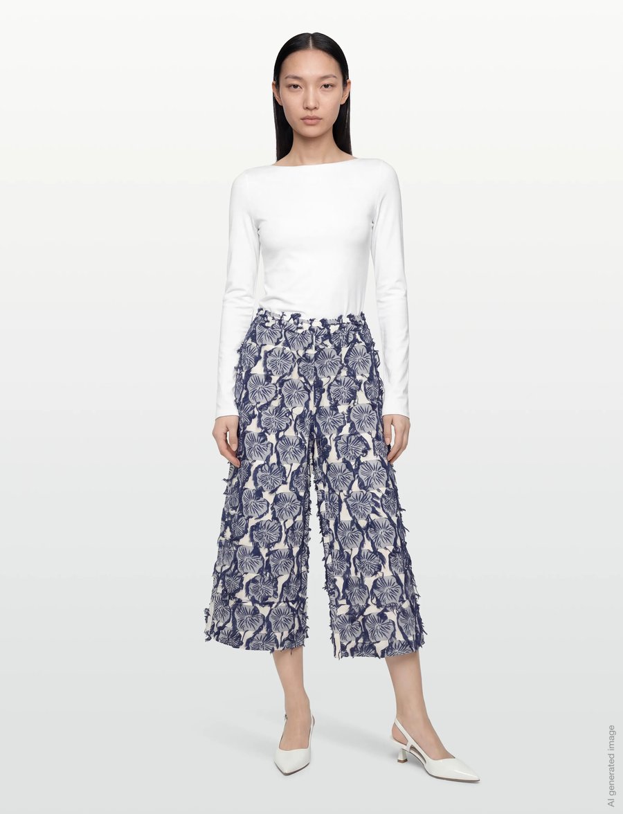 Rue de Tokyo - PAGE FIL COUPE FLOWER - bukser med brede ben - navy/sand - 0
