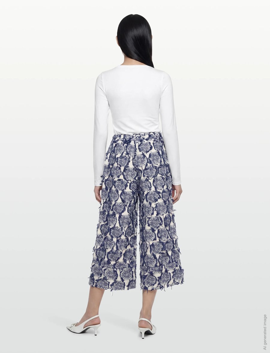 Rue de Tokyo - PAGE FIL COUPE FLOWER - bukser med brede ben - navy/sand - 4