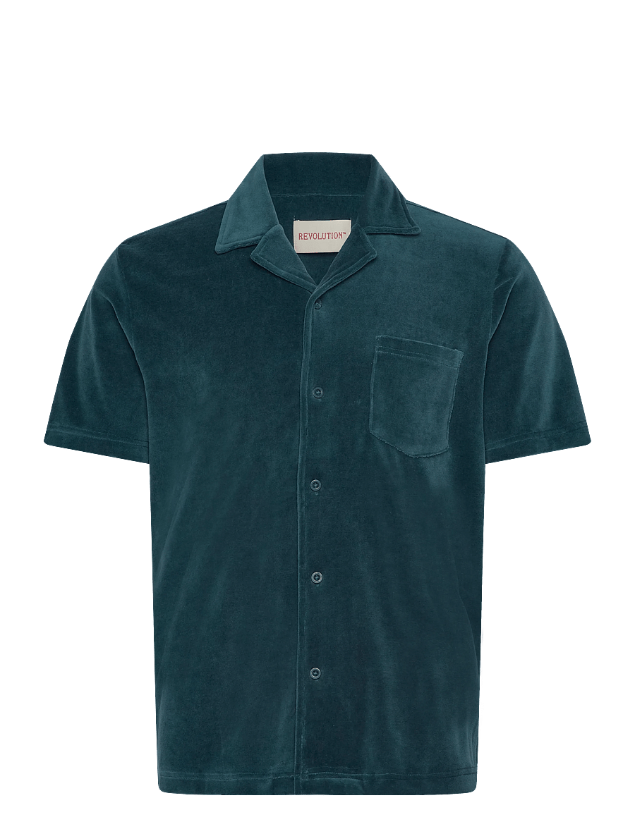 Revolution - Velour Short-sleeved Cuban Shirt - kortærmede skjorter - darkpetrol - 1