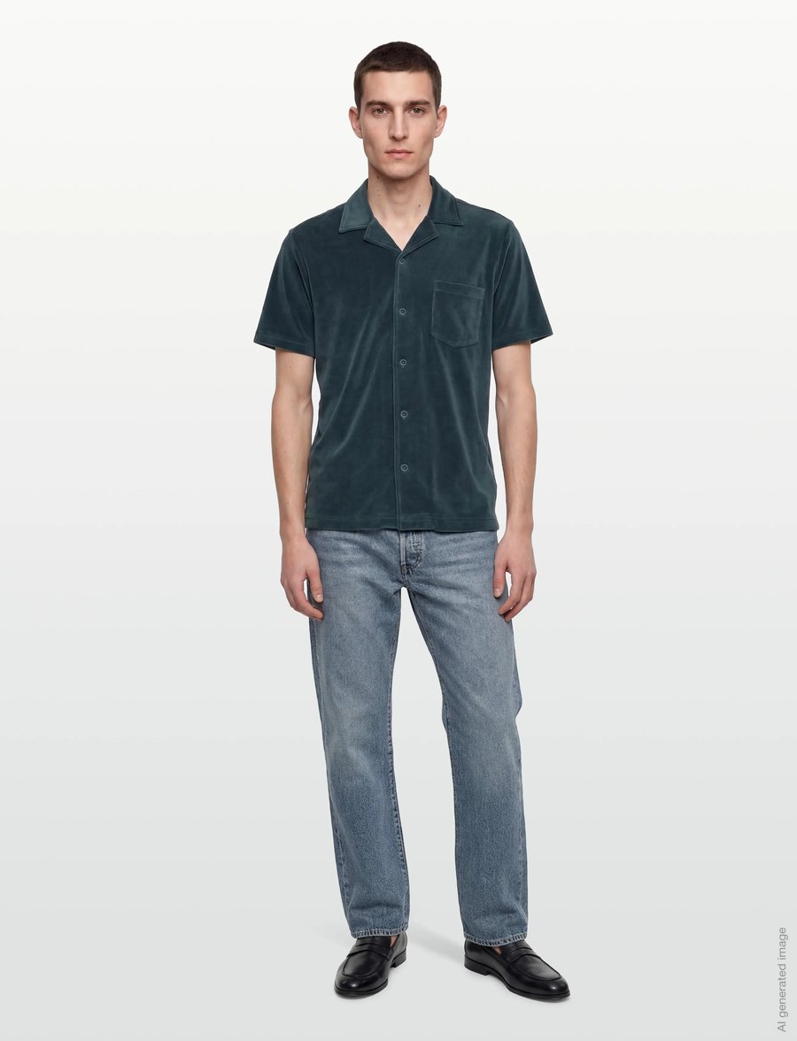 Revolution - Velour Short-sleeved Cuban Shirt - kortærmede skjorter - darkpetrol - 0