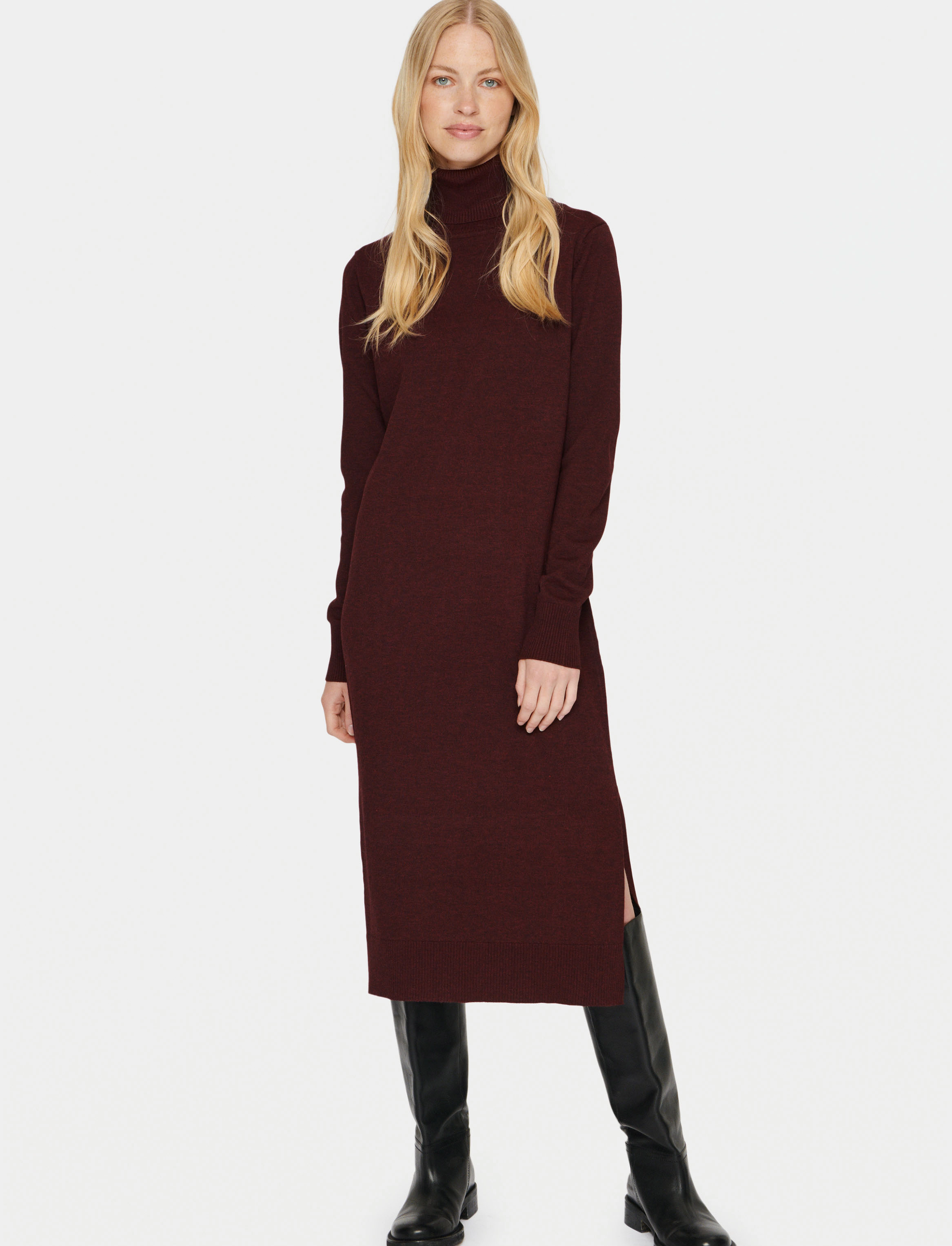 Saint Tropez - MilaSZ Roll Neck Long Dress - strikkjoler - tawny port melange - 3